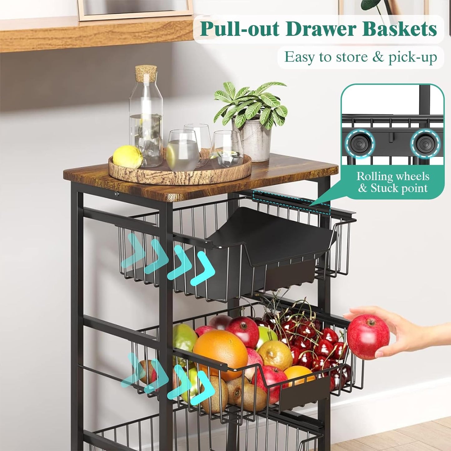 4-Tier Vegetable Fruit Basket Kitchen Storage Rolling Cart on Wheels with Pull-Out Baskets and Wood Top for Kitchen Diningroom Pantry