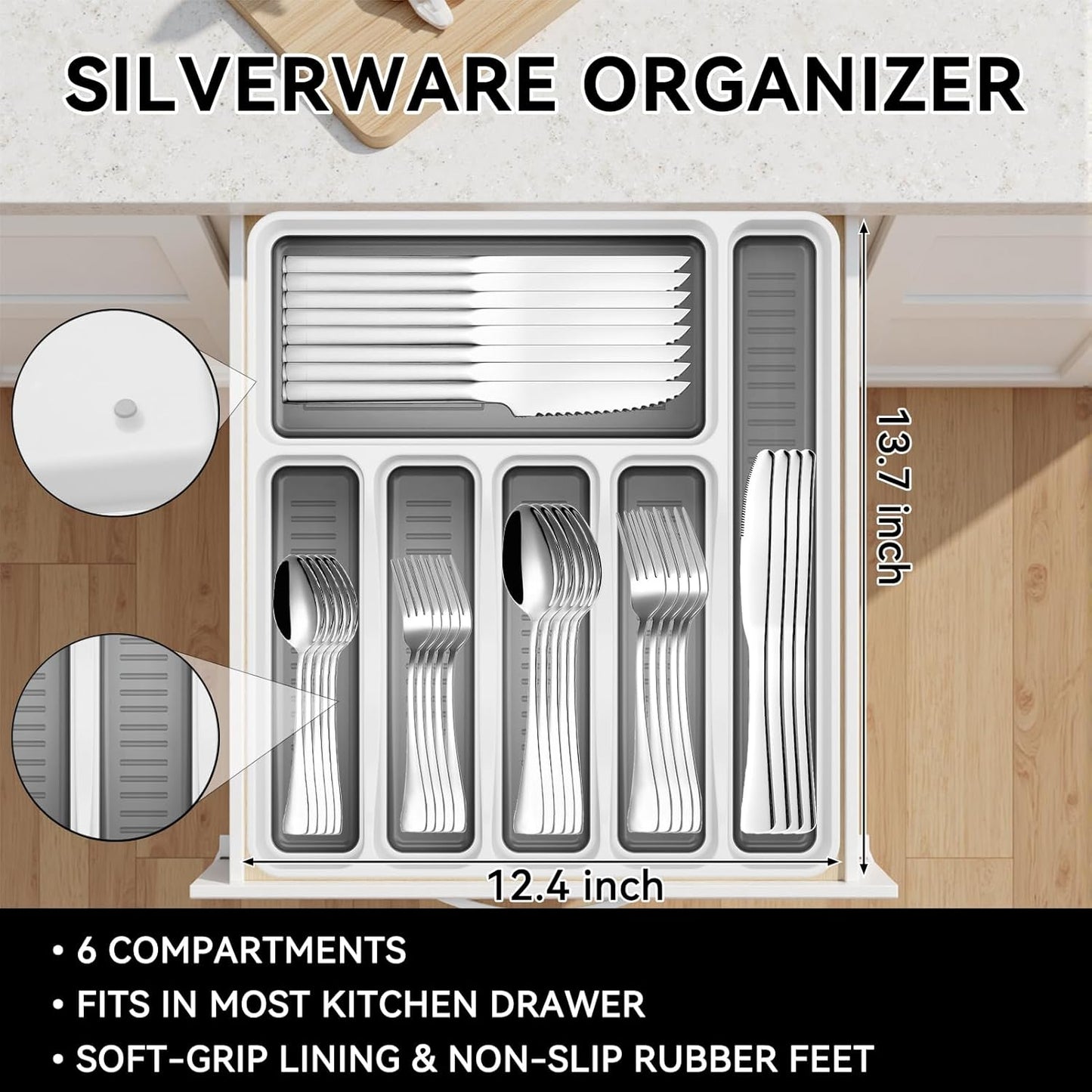 49-Piece Silverware Set with Organizer, Stainless Steel Kitchen Utensils Set for 8, Cutlery Flatware Set with Steak Knives Fork Spoon for Home Kitchen Tableware, Dishwasher Safe