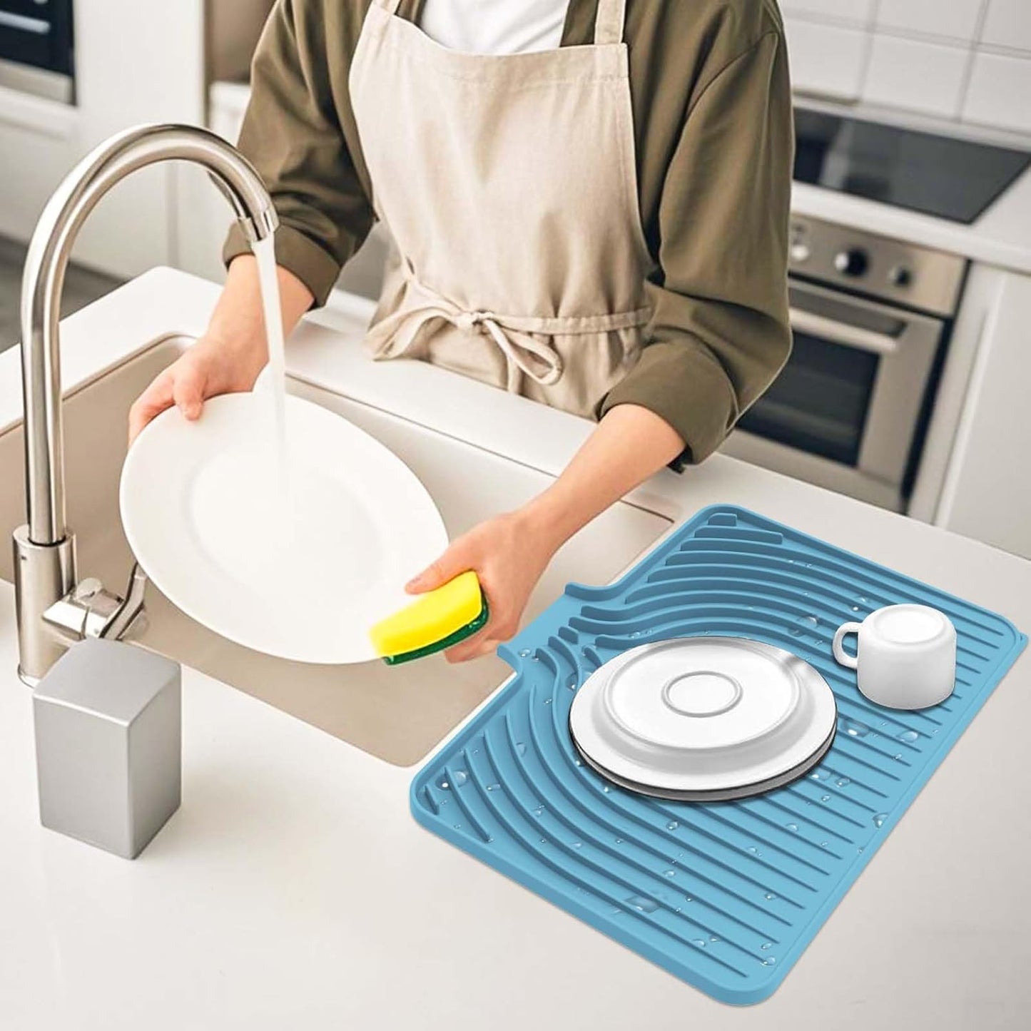 Silicone Dish Drying Mat for Kitchen Counter with Built-in Drain, Easy Clean Pad for Countertop Protection, Fast Self-Draining Slope, Non-Slip, Multiple Use 17.7 x 11.8 Inch (Light Blue)