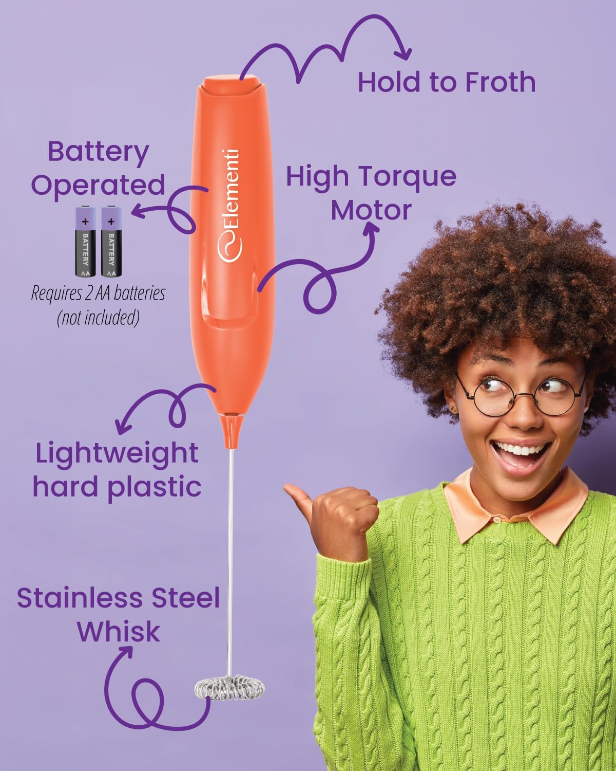 Elementi Powerful Frother Wand – Lightweight Milk Frother & Drink Mixer Handheld, Matcha Whisk for Dreamy Lattes, Powerful Coffee Mixer Wand & Stirrer - Make Creamy Cappuccinos at Home (Orange)