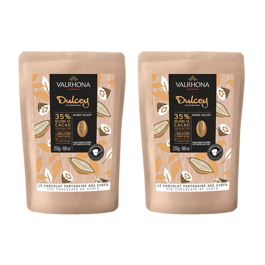 Valrhona Premium French Baking Blonde Chocolate Discs (Feves). DULCEY 35% Cacao. Creamy, Caramel Cookie Flavor Notes. Easy Melt & Tempering. Creamy, Balanced, For Luscious Frostings. 250g (Pack of 2)