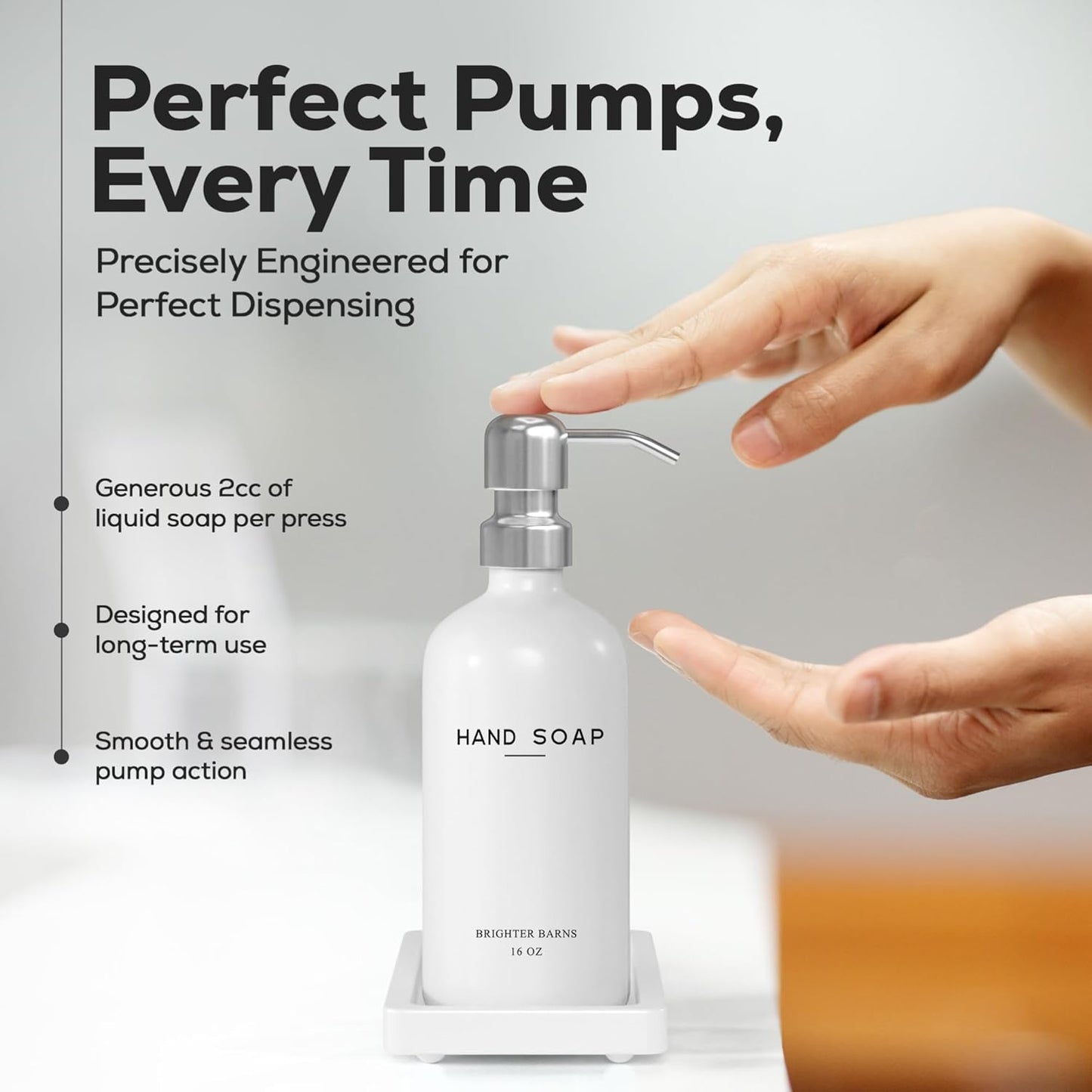 White Glass Soap and Lotion Dispenser Set by Brighter Barns - Bathroom Soap Dispenser Set Tray - Liquid Hand Soap Dispenser Pump - Modern Bathroom Accessories for Guest, Hotel, Spa, Restaurant (White)