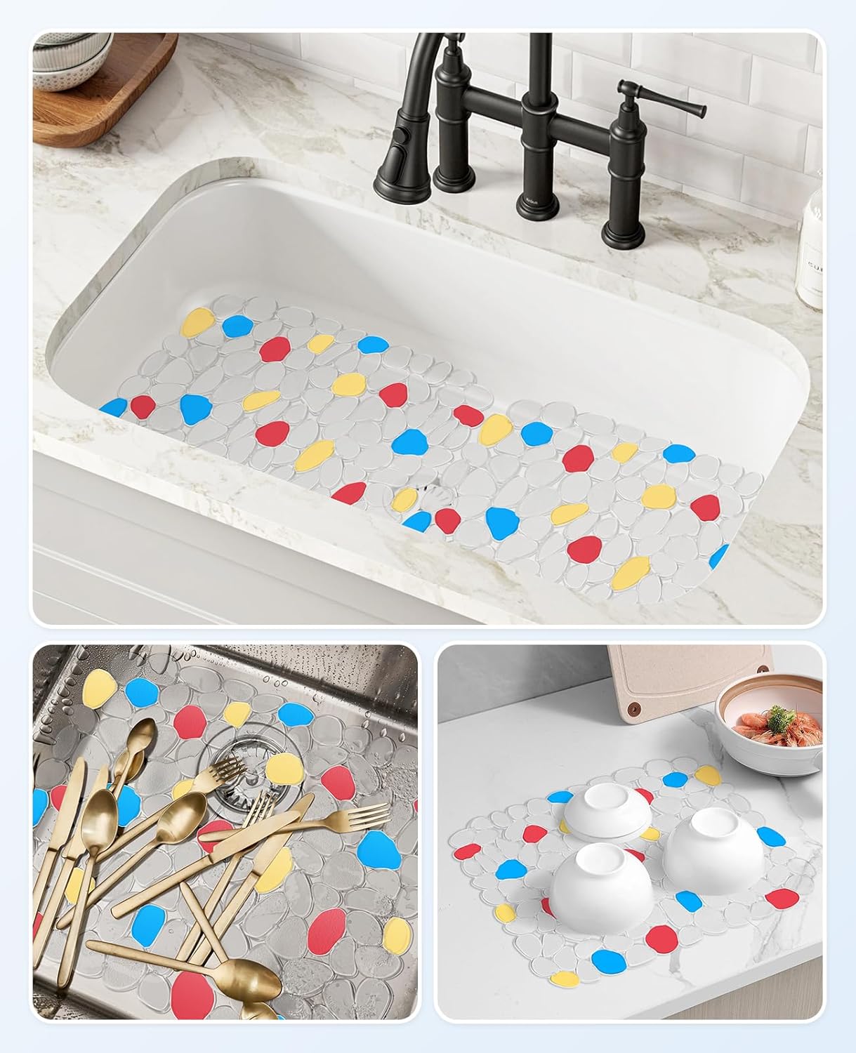 Bligli PVC Sink Mat, Pebble Design 2 Pack Sink Protector Mats for Bottom of Kitchen Sink, Dish Drying Mat for Dishes and Glassware, 15.7 x 11.8 inches, Handpainted-Clear