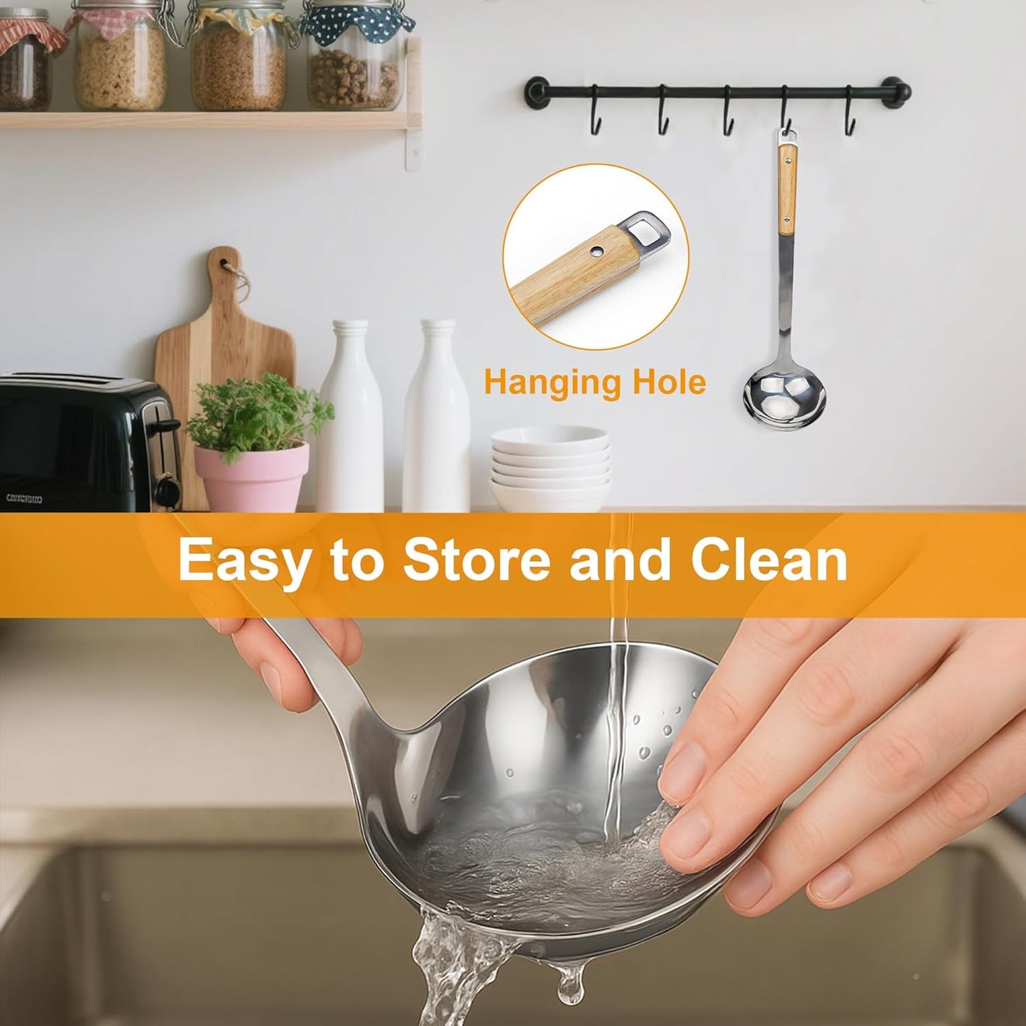 FJNATINH Stainless Steel Soup Ladle, Large Metal Ladel Spoon for Serving, Cooking, Wok, Soup, Heat-proof Wooden Handle, Heavy Duty Wok Tool 13.7 Inches