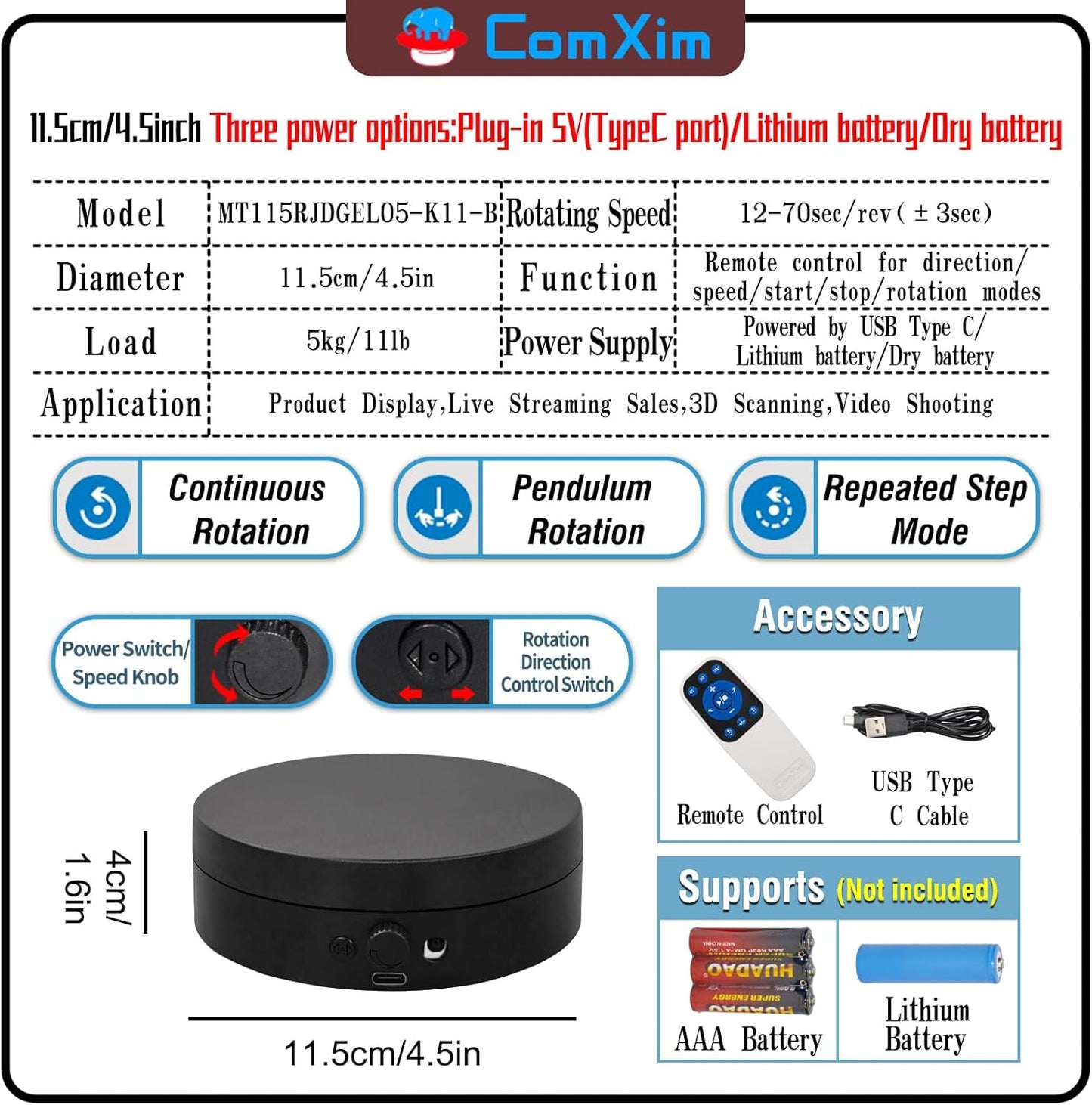 Motorized Rotating Display Stand with Remote, 4.53in 360 Electric Turntable for Display,Photography,3D Scanner Models, Motorized Lazy Susan and Photography Turntable Control Angle/Speed,Step/Swing/Continuous Rotation