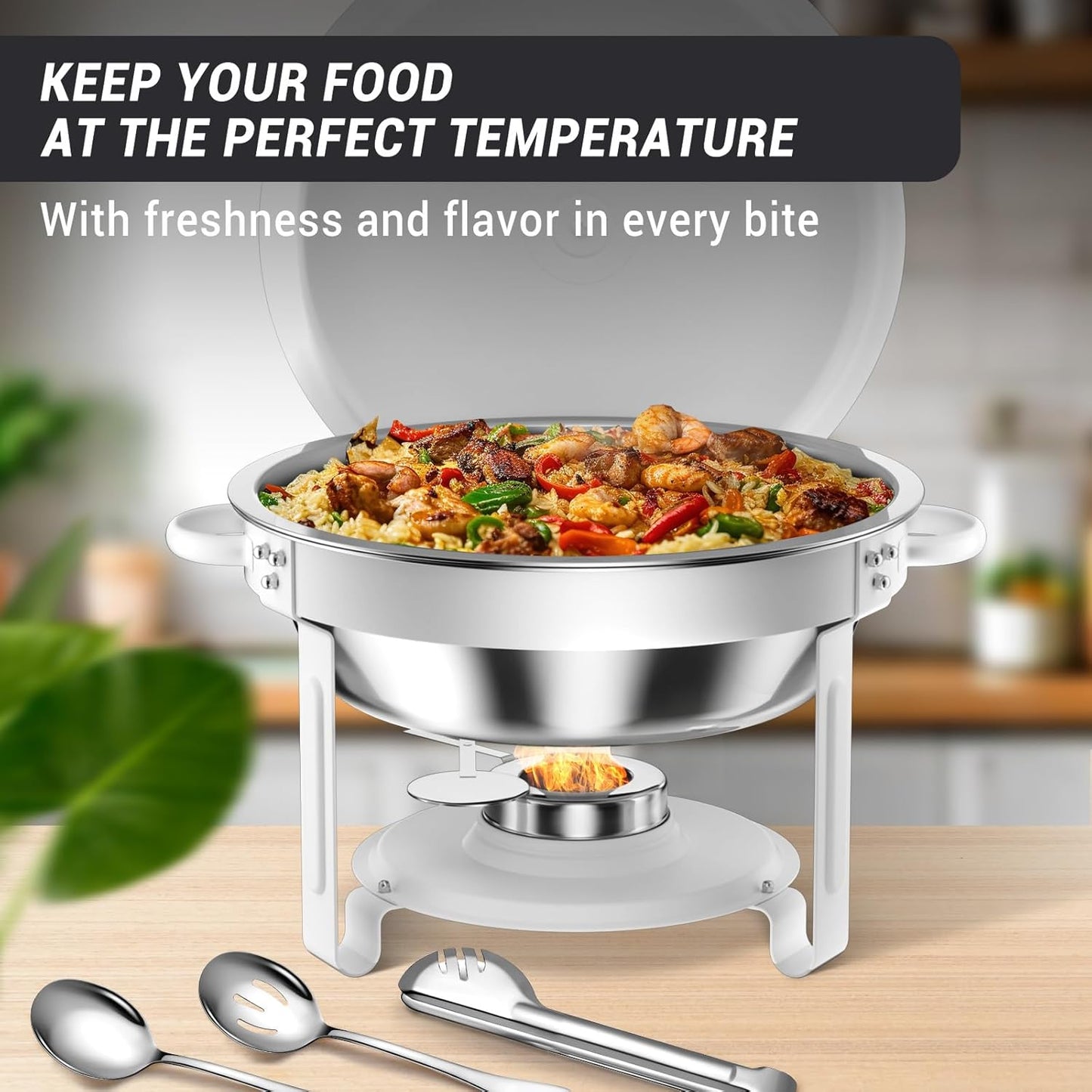 Round Chafing Dishes for Buffet 5 Qt,High Grade Chafing Dish Buffet Set, Full Size Pan,Rolled-Edge Design Food Warmers for Parties,Buffet,Wedding,Birthday,Camping 4 PACK (White)