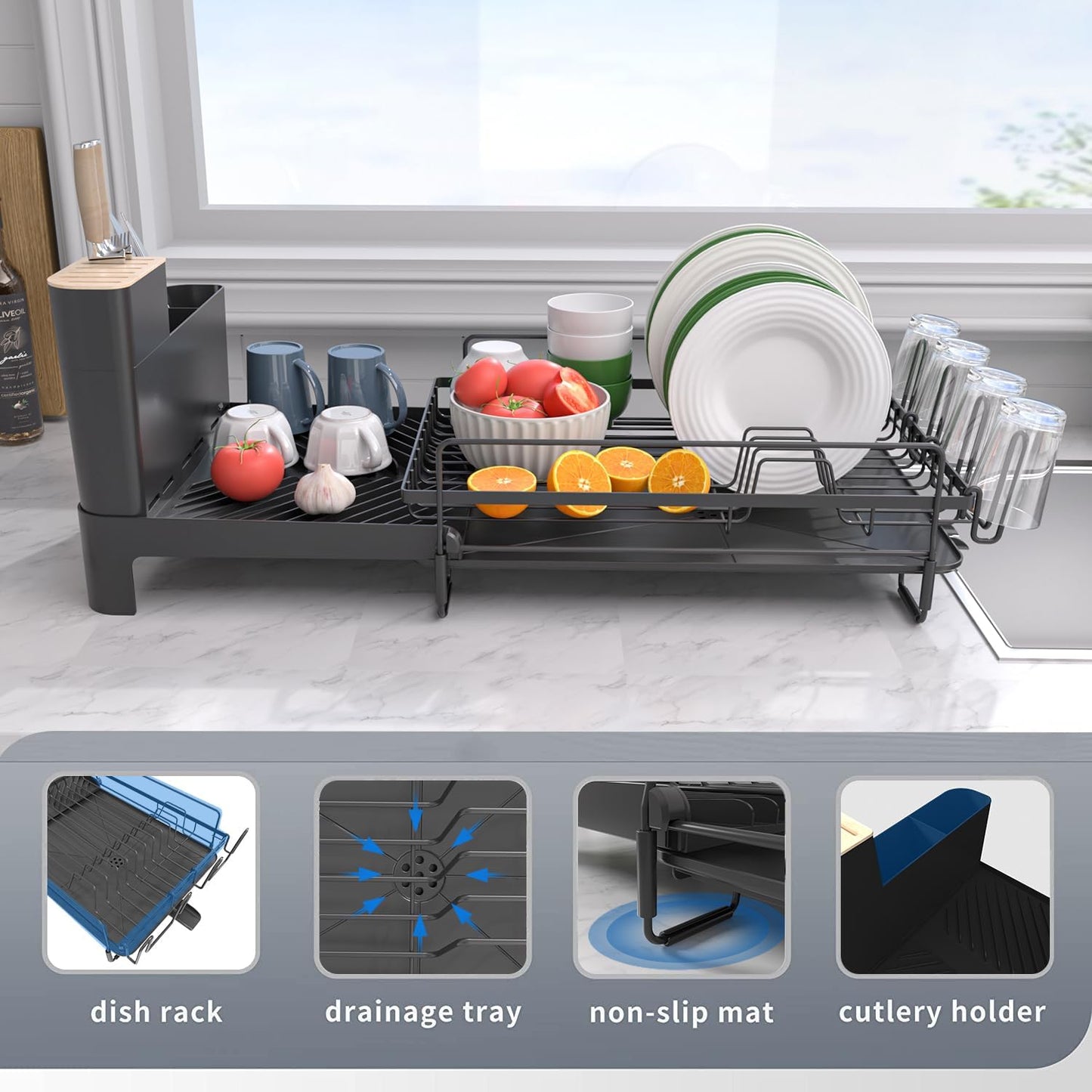 Runnatal Large Detachable Dish Rack with Drainboard Set, Dish Drying Rack Extendable Dish Rack, Utensil Holder, Cup Holder, Expandable Dish Drainer for All Kitchen Counter