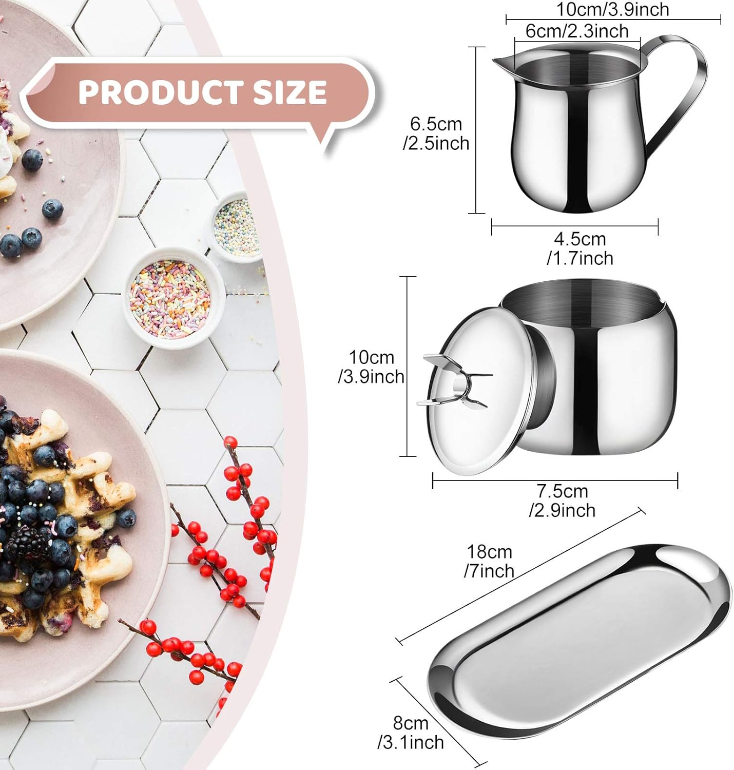 Creamer and Sugar Bowl Set Stainless Steel Latte Milk Cup Cream Jug and Sugar Bowl with Lid Spoon Tray for Coffee Serving Set Frothing Milk