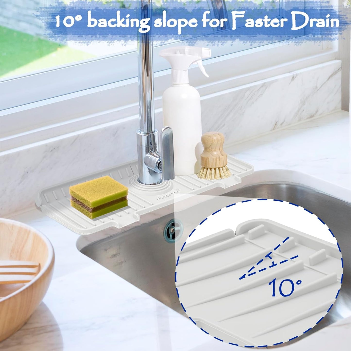 Kitchen Sink Splash Guard, Silicone Faucet Guard & Draining Mat, Bathroom and Kitchen Sink Organizer, Sink Faucet Mat Water Splash Guard Behind Faucet Accessories Gadgets, 14.2” x 5.1”, White