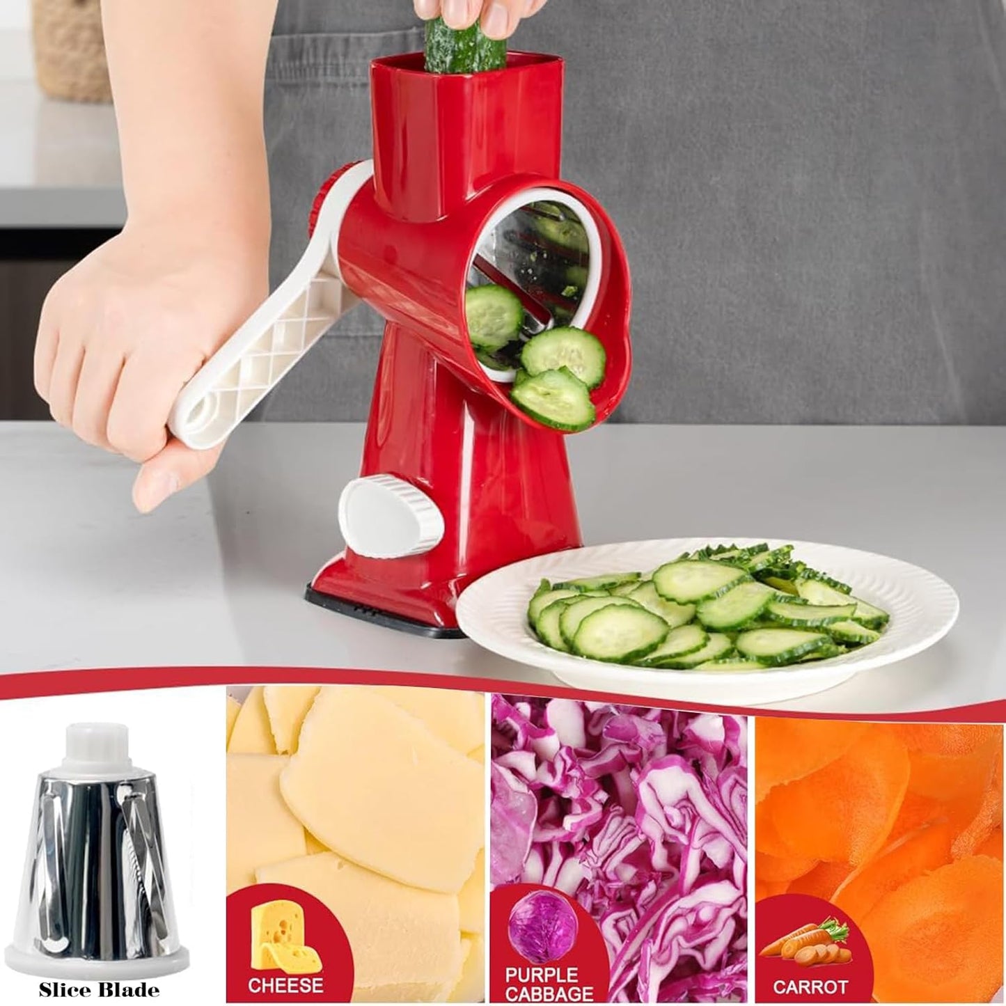 Rotary Cheese Grater Multi-Purpose Stainless Steel Cheese Shredder - Cheese Grater With Handle Effortless Grating of Carrots, Potatoes, Vegetables, and Fruits (Red)