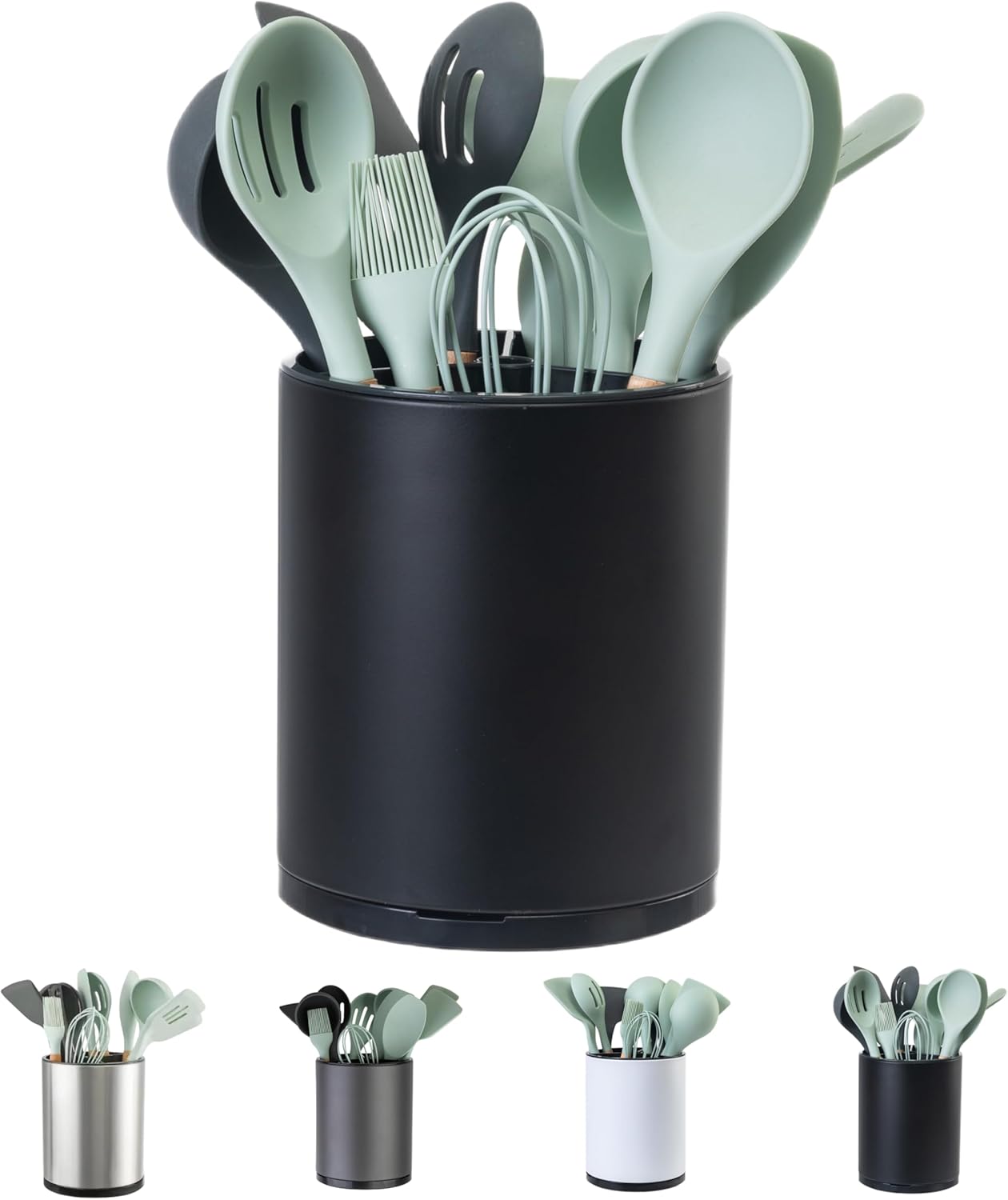 Kitchen Utensil Holder Extra Large 360°Rotating For Counter Organizer Stainless Steel Storage Cooking Silverware Caddy 3 Compartment Flatware Spoon Spatula Tool Cutlery Container(Black)