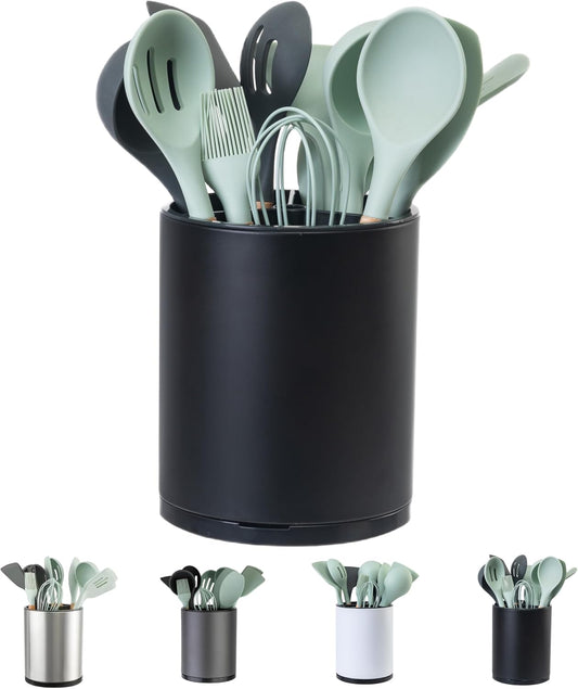 Kitchen Utensil Holder Extra Large 360°Rotating For Counter Organizer Stainless Steel Storage Cooking Silverware Caddy 3 Compartment Flatware Spoon Spatula Tool Cutlery Container(Black)