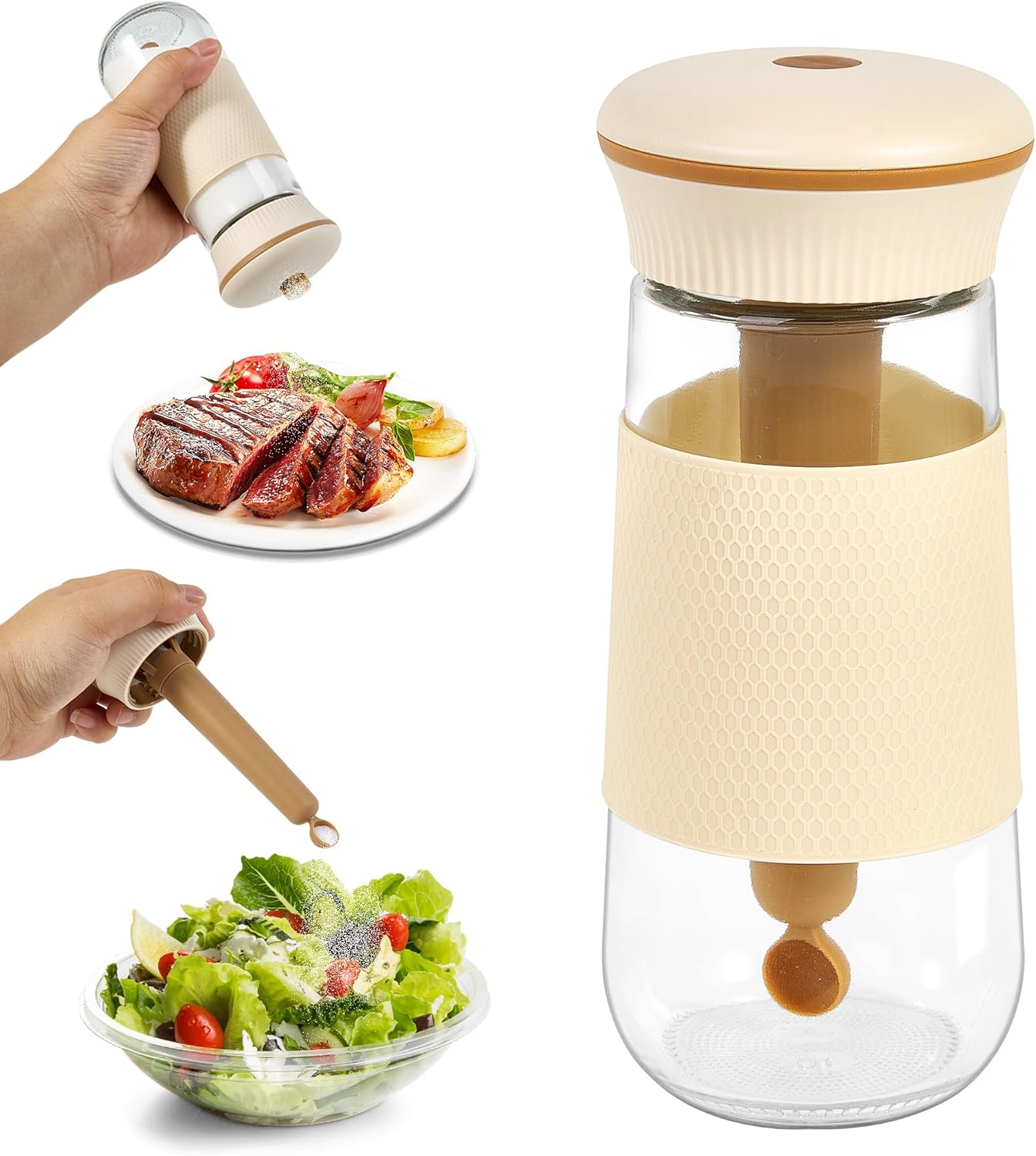 2-in-1 Salt Shaker, Glass Salt and Pepper Shakers Set for Kitchen, Salt and Pepper Containers with 1g Measuring Spoon, Farmhouse Cute Salt Pepper Shakers for Home Easy Filling, 1PCS