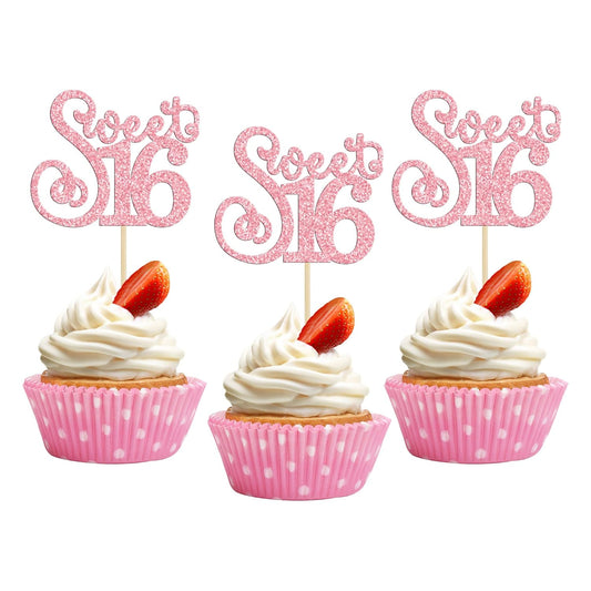 Gyufise 24 Pack Happy Sweet 16 Cupcake Toppers Glitter Sixteen 16th Birthday Cupcake Picks Cheers to 16 Years Old Cupcake Decorations for 16th Birthday Anniversary Party Cake Decorations Supplies Pink
