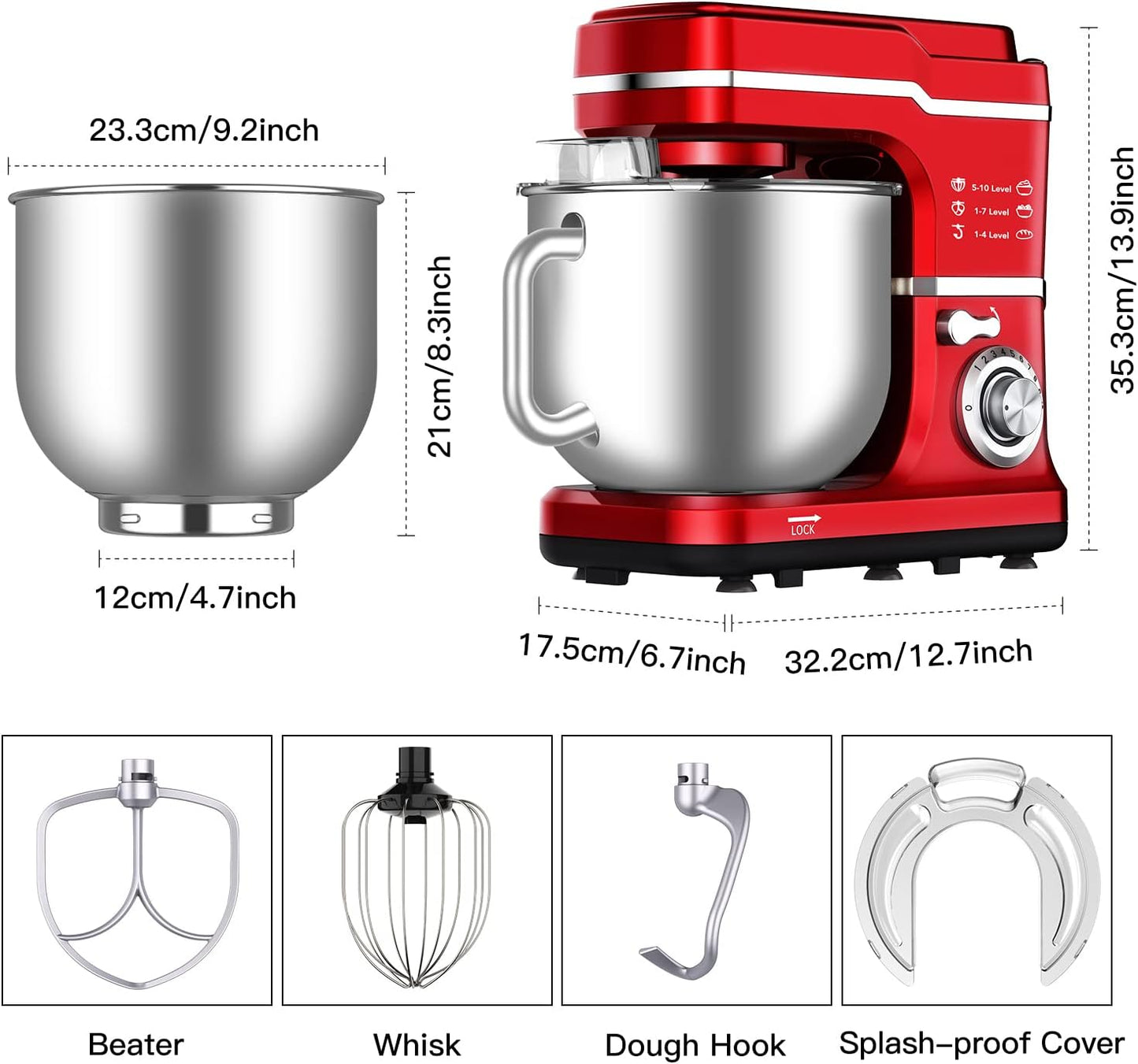 Garvee 7.5QT Stand Food Mixer, 10-Speed Tilt Head 3-IN-1 Kitchen Electric Mixer with Stainless Steel Bowl, Egg Whisk, Dough Hook, Beater, Splash Guard, Compact Dough Mixer for Home Cooks, Red