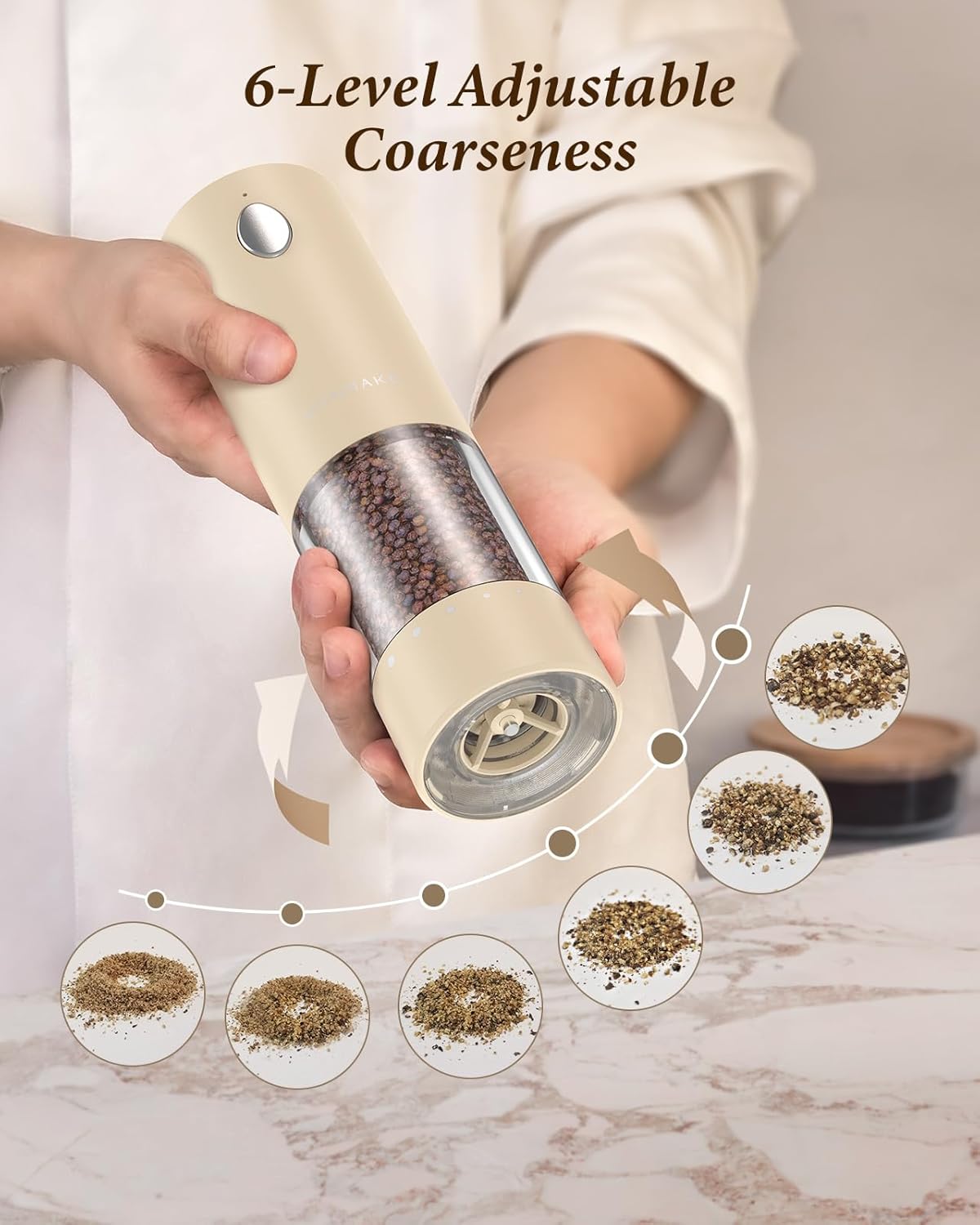 Electric Salt and Pepper Grinder Set - Automatic Refillable Salt and Pepper Grinders with Charging Base & LED Light, 6-Level Adjustable Coarseness with External Dial, Ideal Kitchen Gadget，Beige