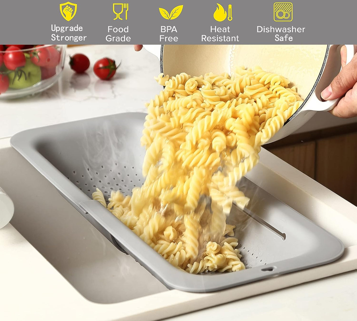 Adjustable Over the Sink Colander Strainer, Silicone Clip On Strainer for Pots Strainers and Plastic Colanders Drainer Basket for Food Pasta Vegetables Kitchen, Extendable 14.5"-19.5", Grey