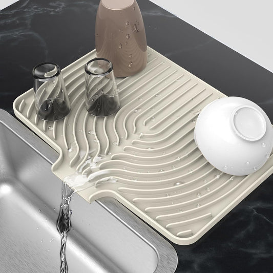 Silicone Drying Mat for Kitchen Counter, 18"×12" Silicone Dish Drying Mat with Board Drain,Rubber Kitchen Counter Dry Matt for Dishes Drying Rack(cream)