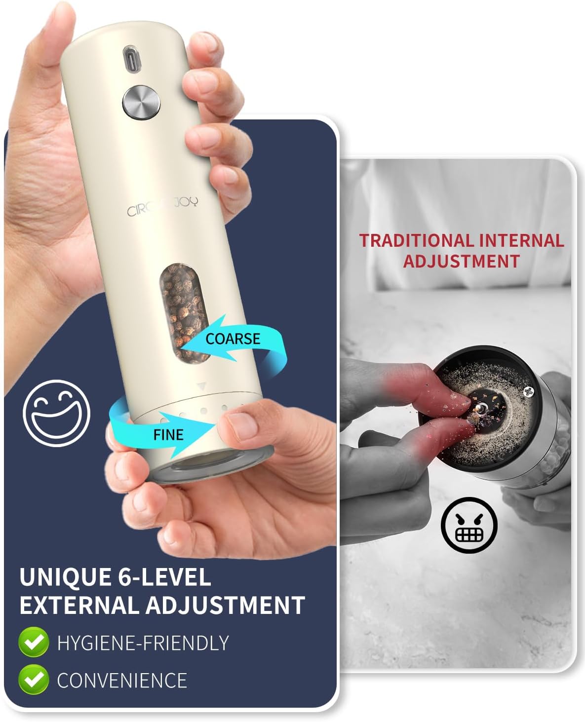 CIRCLE JOY Rechargeable Electric Salt and Pepper Grinder Set with Base, Automatic Pepper Mills with 110ml Container, External Adjustable Coarseness, White Led Light and One-Handed Operation, Begie