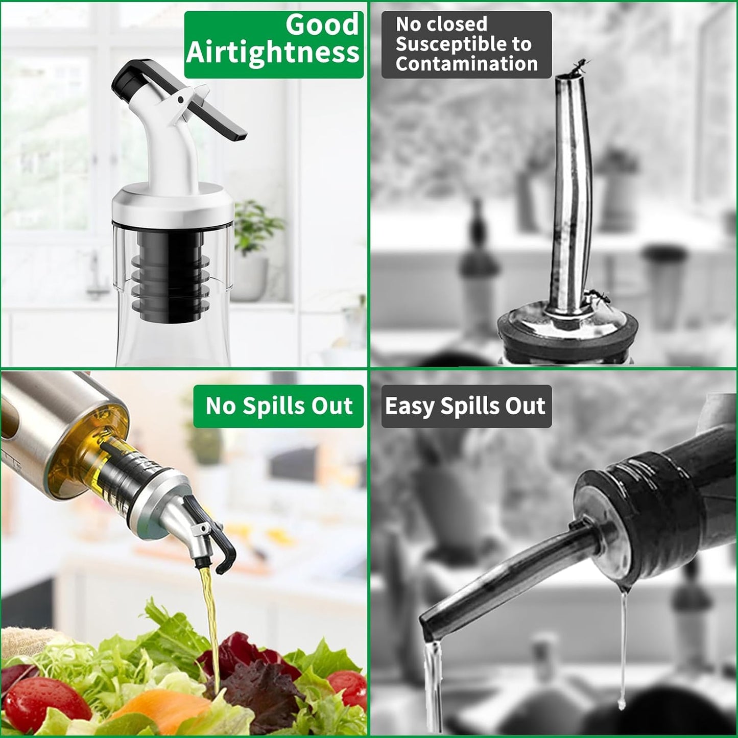 Oil Dispenser Bottle, 4 Pack Glass Olive Oil Dispenser Bottle with Shelf, 17oz/500 ml Oil and Vinegar Dispenser Set Wrapped in Stainless Steel Shell with Pourers, Funnel & Pen and Tags