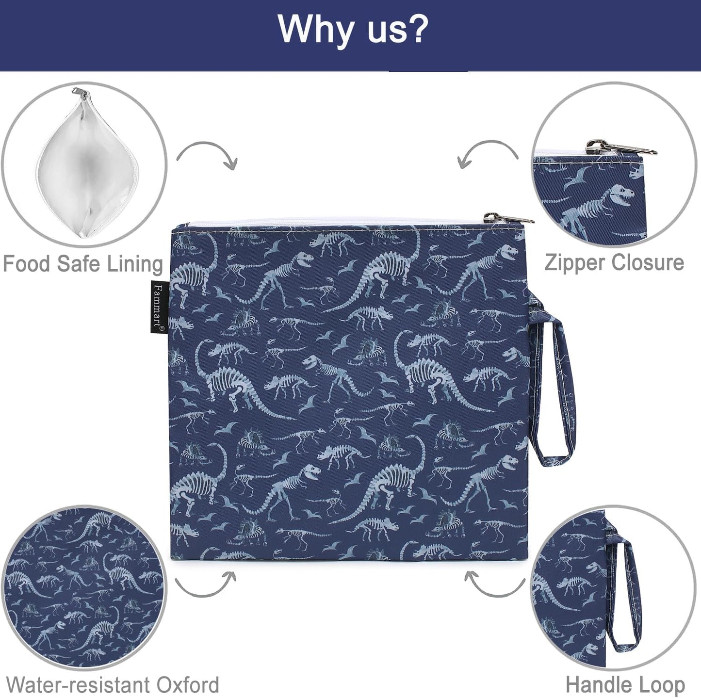 Reusable Sandwich Bag/Snack Bag for Kids & Adults, Dual Layer Lunch Bag with Handle, Washable, Food Safe, BPA Free (1-Pack, Dinosaur Fossil)