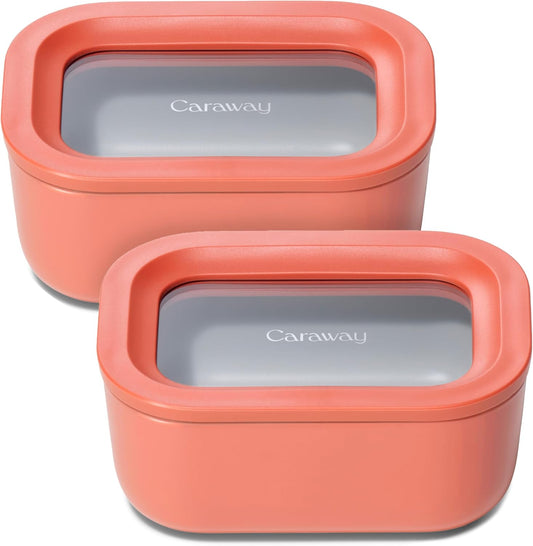 Caraway 2pc Glass Food Storage Set - 2.6 Cup Food Containers (2) - Non-Toxic Ceramic-Coated Glass - Air Release Technology - Compact & Stackable Design - Perracotta