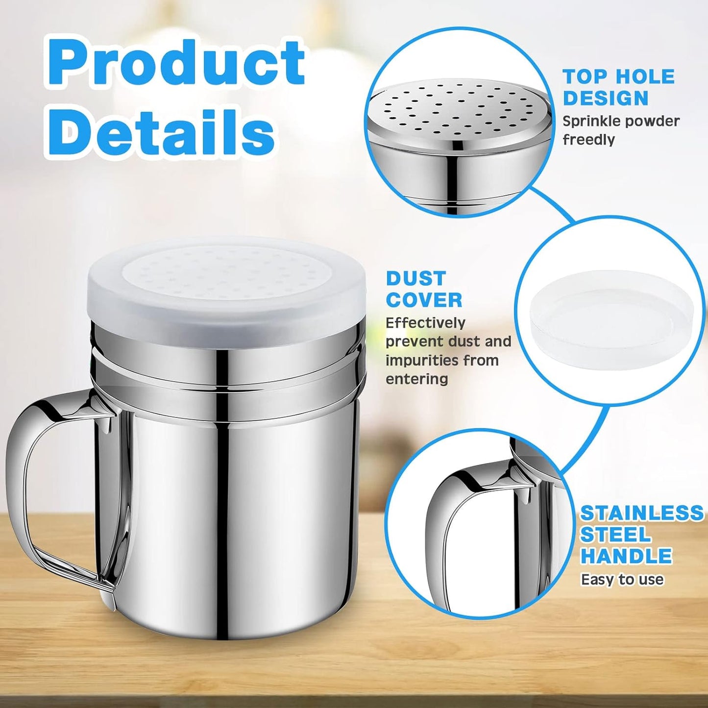 Lallisa 6 Pcs 10oz Stainless Steel Salt and Pepper Shakers with Lid and Handle Dredge Spice Seasoning Condiment Popcorn Salt Shaker Powder Sugar Flour for Cooking Kitchen Baking