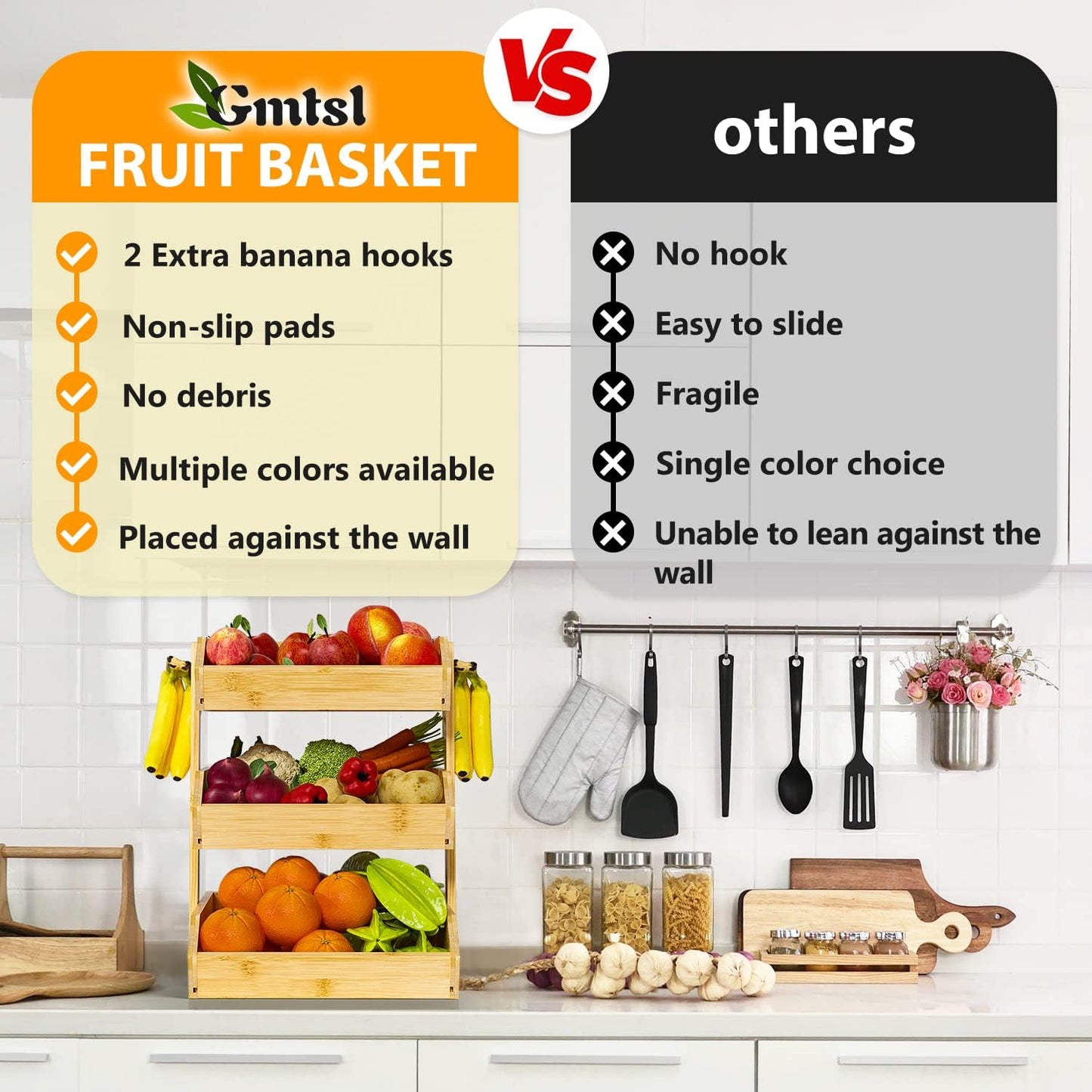 Bamboo Fruit Basket for Kitchen – 3 Tier Fruit Bowl For Kitchen Counter, Large Fruit Holder With 2 Banana Hangers, Idea For Fruit and Vegetable Storage, Bread Basket, Snack Organizer(Bamboo)