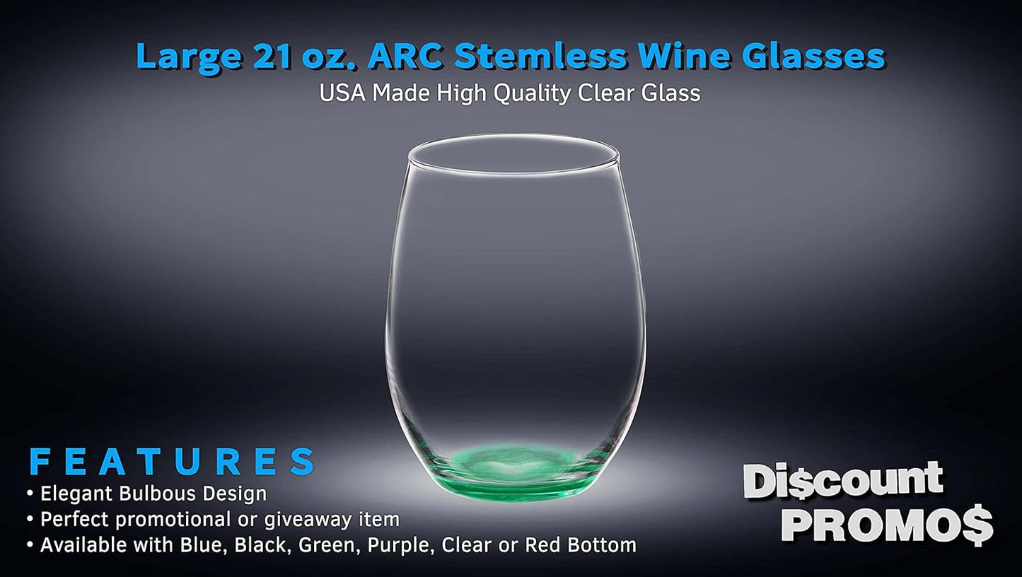DISCOUNT PROMOS 10 ARC Stemless Wine Glasses Set, 21 oz. - Chardonnay, Cabernet, Merlot, Sauvignon - Green