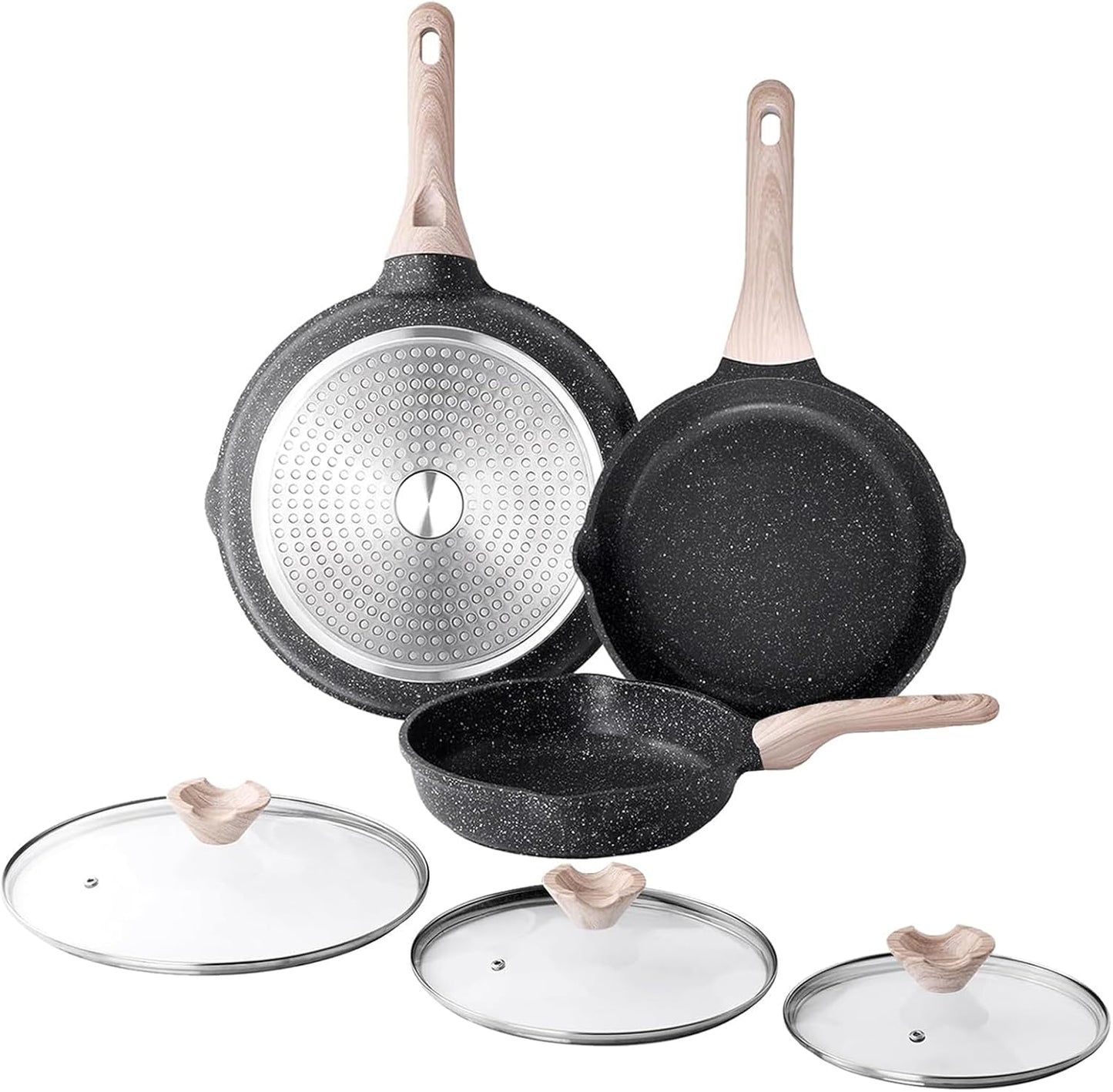 Nonstick Frying Pan Set with Lids, 3 Piece Skillet Set, Healthy Induction Cookware Cooking Pan, Stay-Cool Handle, Compatible with All Stovetops, PFOA Free (9.5, 11, 12.5 Inch)