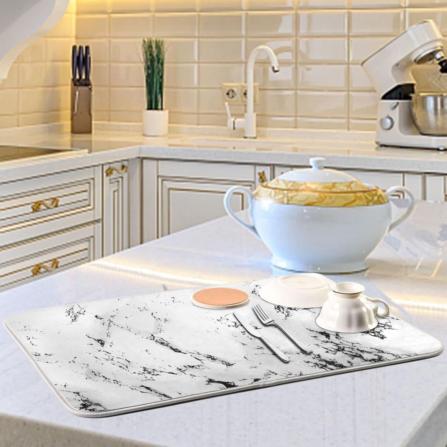 Super Absorbent Dish Drying Mat, Microfiber Fast-Drying Dish Mat, 24" x 18", Kitchen Dish Drying Pad, White Marble