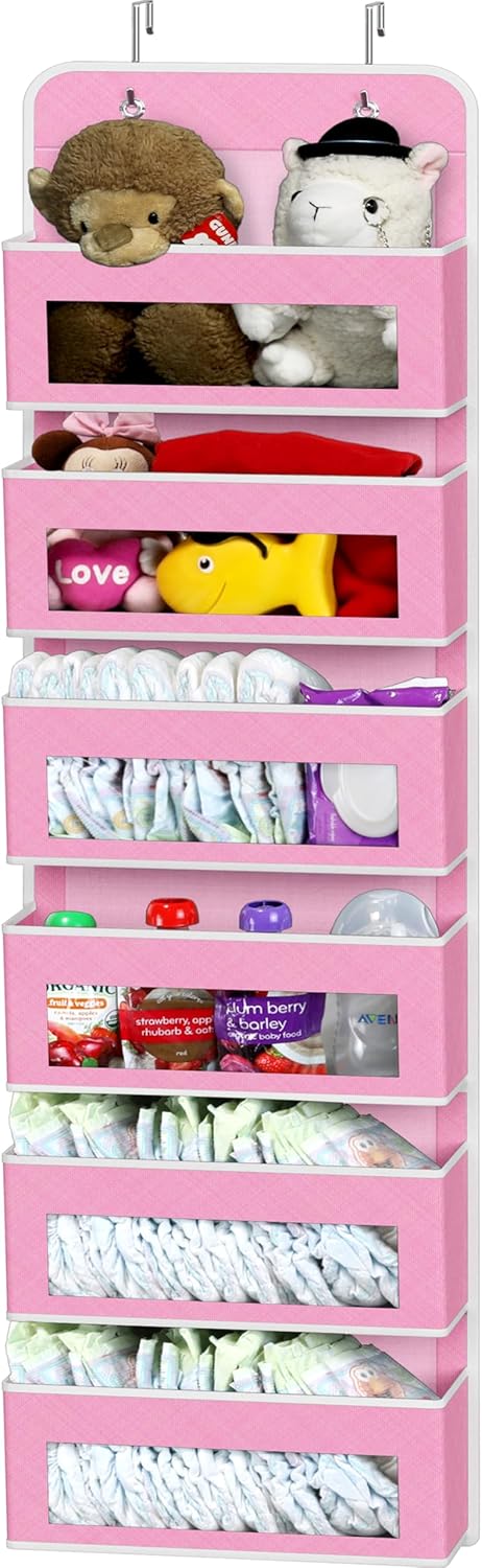 Simple Houseware 6 Clear Window Pocket Over Closet Door Storage Hanging Organizer for Bedroom, Bathroom, Pantry, Pink
