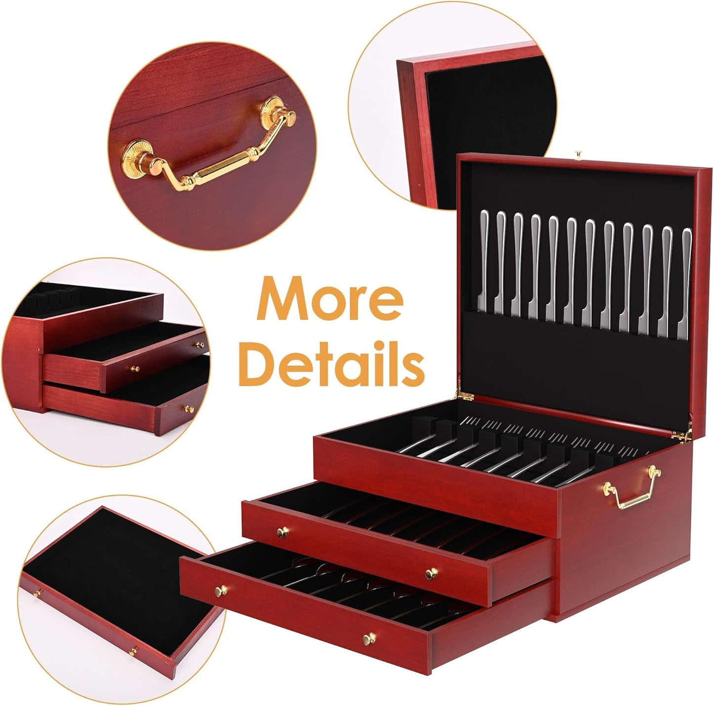Silverware Storage Box 3-Layer Wooden Silverware Chest 15x11in Flatware Storage Case with Handle and Felt Lined Luxury Style Decor to Store Sterling Silver Ware Cutlery Sets for Home Restaurant