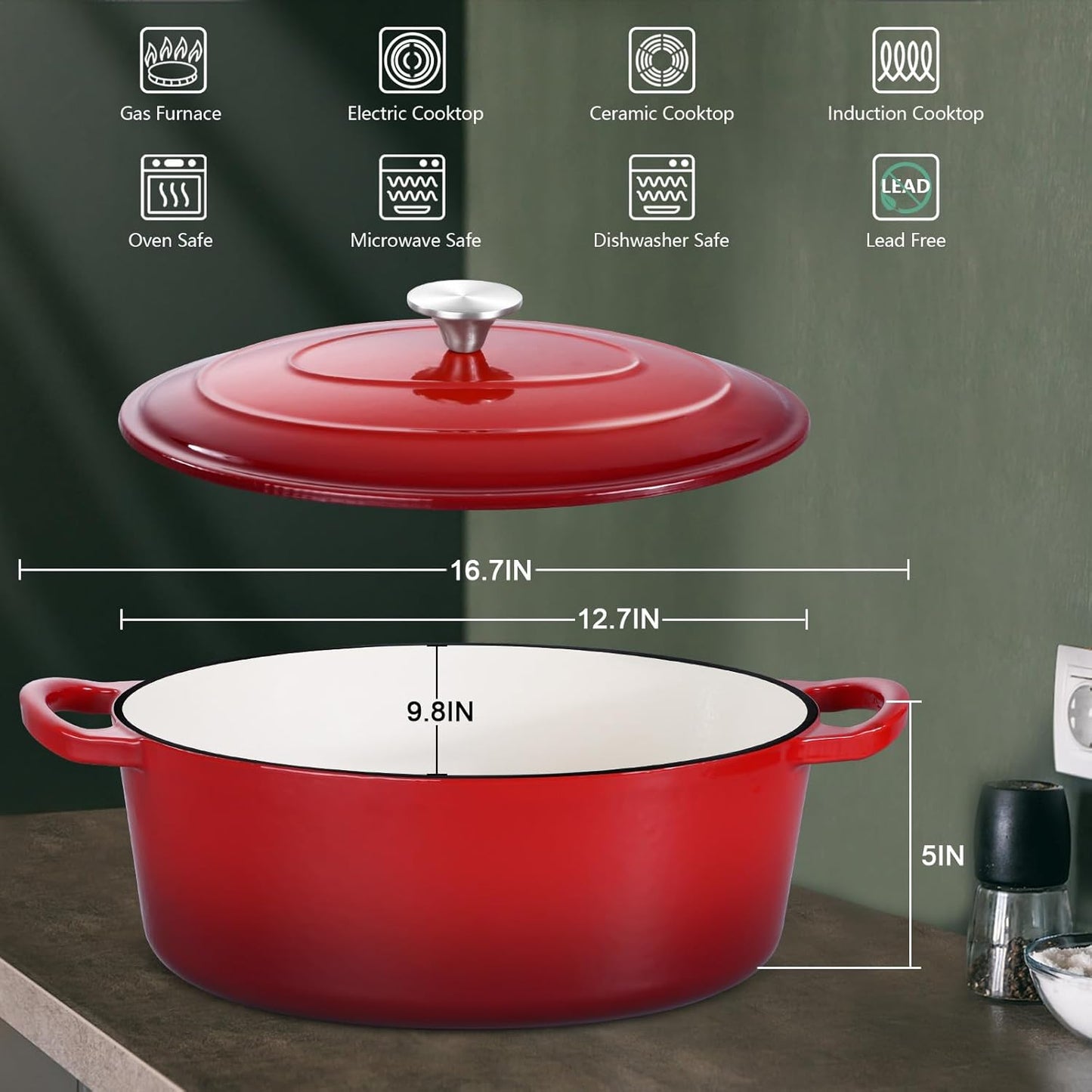 7 Quart Oval Dutch Oven with Lid, Leonyo 7QT Enameled Oval Cast Iron Dutch Oven for Sourdough Bread Breaking, Heavy Duty Cookware for Braising, Stews, Roasting, Red