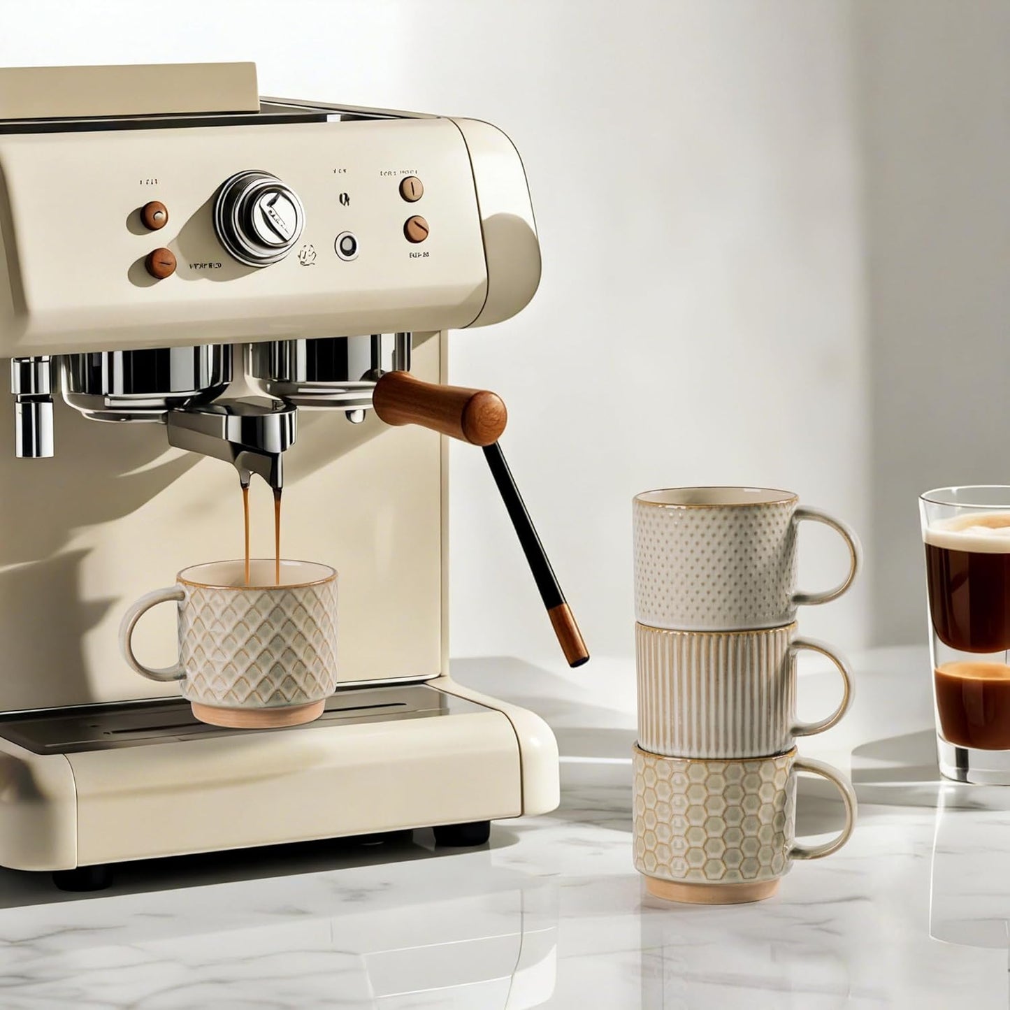 GBHOME 12OZ Stackable Coffee Mugs, Ceramic Coffee Mugs with Texture Patterns for Man,Woman,Dad,Mom, Modern Coffee Mugs Set of 4 for Latte/Cappuccino/Cocoa. Dishwasher&Microwave Safe, Pale Khaki