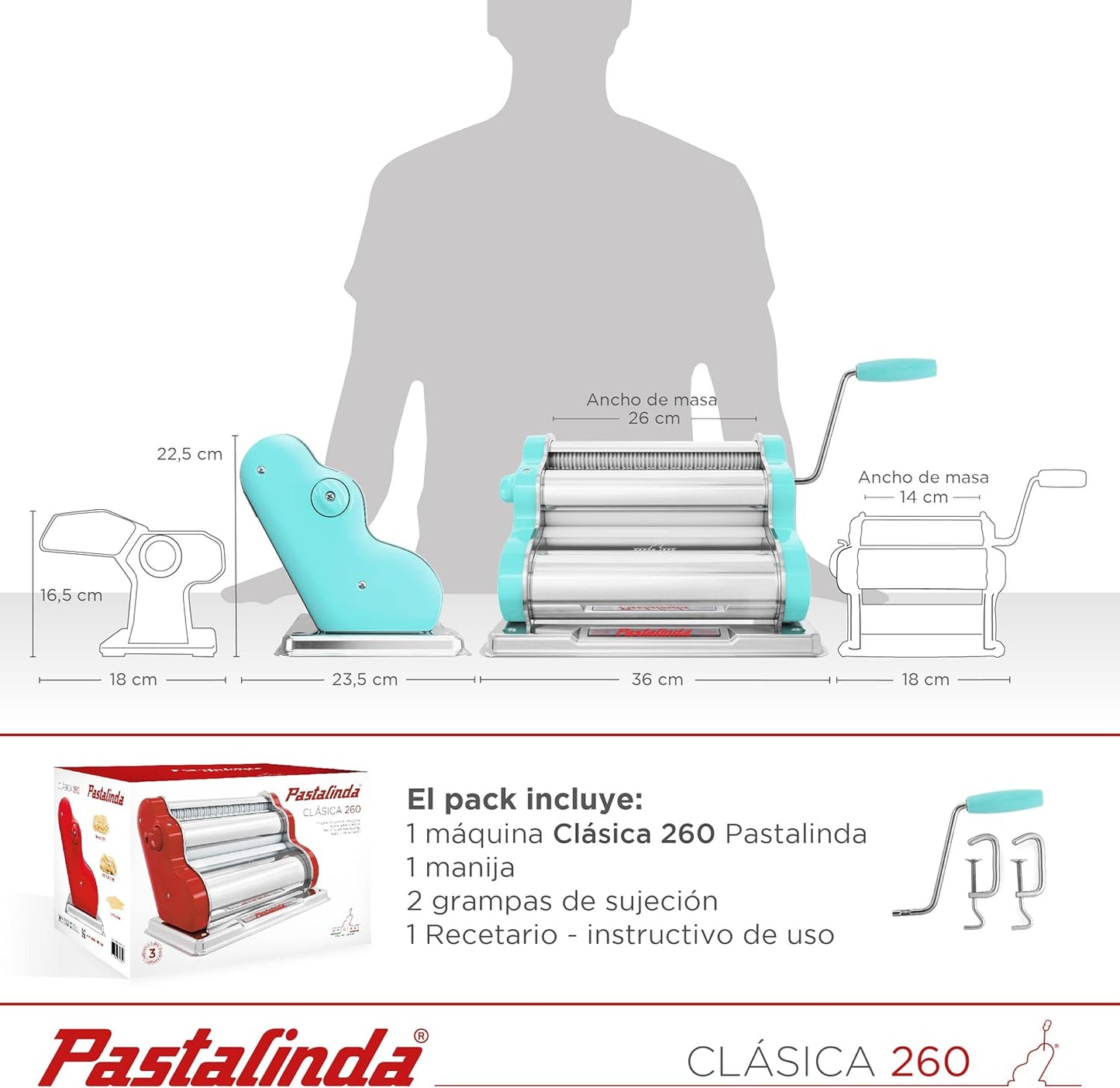 PASTALINDA Classic 260 Pasta Maker Machine, 26 cm Wide Rollers, 9 Thickness Positions, 2 Cutting Positions, Stainless Steel. Includes Reinforced Hand Crank And Two Clamps (Acqua)