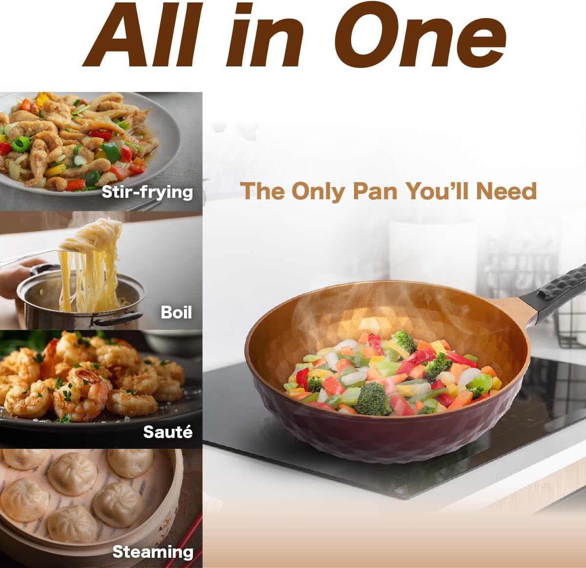 Diamond X Premium Non Stick Wok Pan - 11" Large Flat Bottom Chinese Wok - Woks & Stir-fry Pans Nonstick - Titanium-Coated 8-Layered Korean Engineered Skillet for Frying, Oil-Free, PFOA-Free