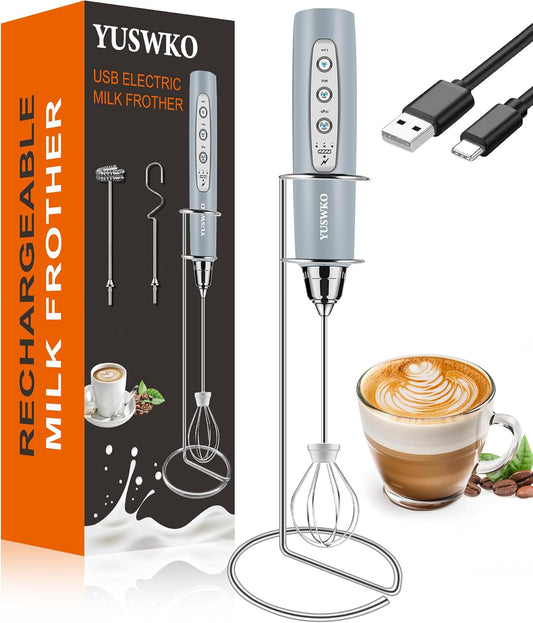 YUSWKO Rechargeable Milk Frother for Coffee, Handheld Drink Mixer with 3 Heads 3 Speeds, Ideal Electric Stirrers for Travel