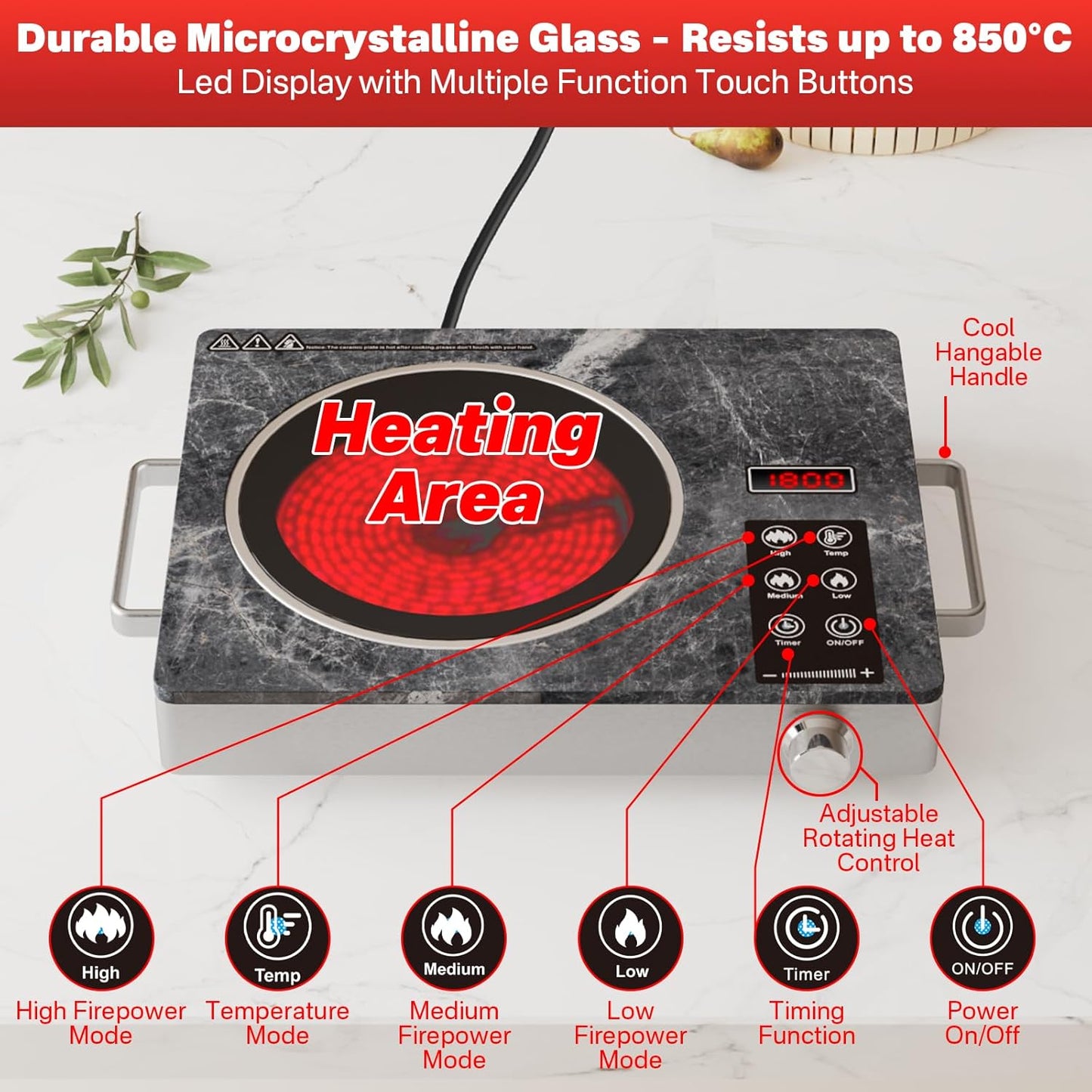 1800W Electric Infrared Stove, Single Burner Electric Cooktop, Portable Countertop Burner for Cooking, Plug in Kitchen Hot Plate, Temperature Adjustable Compact Hob Camping Stoves