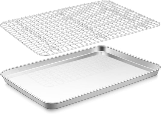 E-far Stainless Steel Baking Sheet with Wire Rack Set, 16” x 12” Cookie Sheet Baking Pan for Oven, Rimmed Large Metal Tray with Cooling Rack for Cooking Roasting, Non-Toxic & Dishwasher Safe