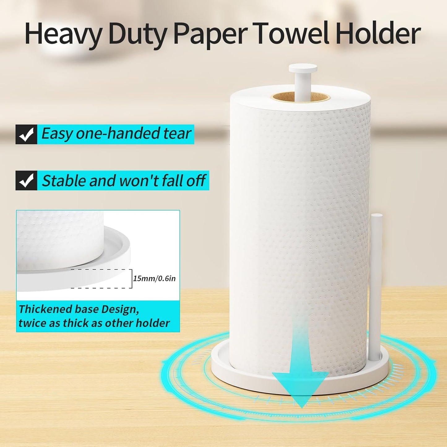 Paper Towel Holder Countertop, Standing Paper Roll Holder with Anti Slip Weighted Base, Stainless Steel Freestanding Paper Towel Holder for Kitchen, White