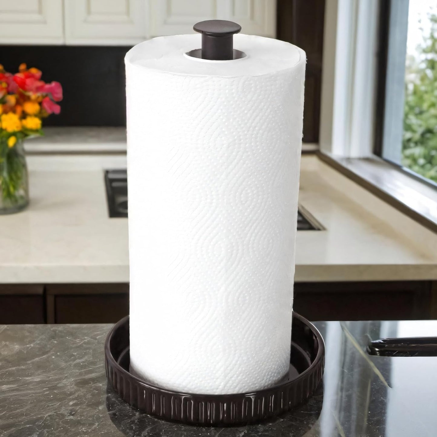 VROOMIUM Paper Towel Holder Countertop, Ceramic Base Easy-to-Clean, 1.5 lbs, 7" B x 12.5" H, Stable Elegant and Durable Kitchen Roll Stand, Classic Black