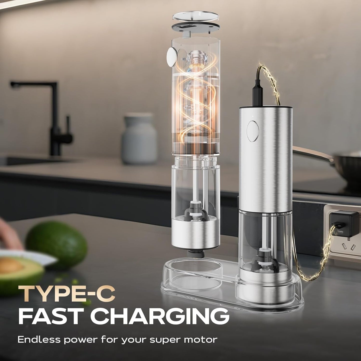 Electric Salt and Pepper Grinder Set, Rechargeable Automatic Salt Pepper Shakers Mills, Adjustable Coarseness Easy Filling with Base, for Kitchen Outdoors Gift- 2 Packs, Silver Stainless Steel