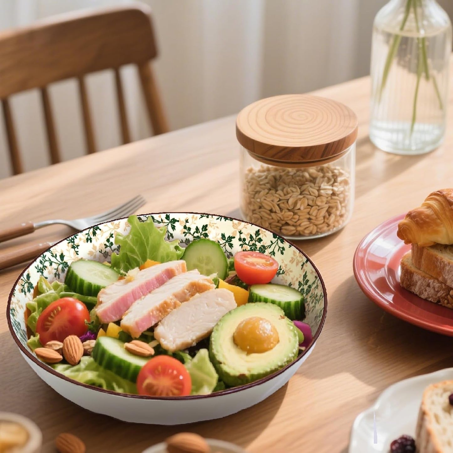 Large Serving Bowls, 78Oz Extra Large Salad Bowls Set of 2, Green Floral Pattern Design Decorative Bowls for Salad, Fruit, Pasta and Dinner, Serving Dishes Set for Party (Green Floral of 2)