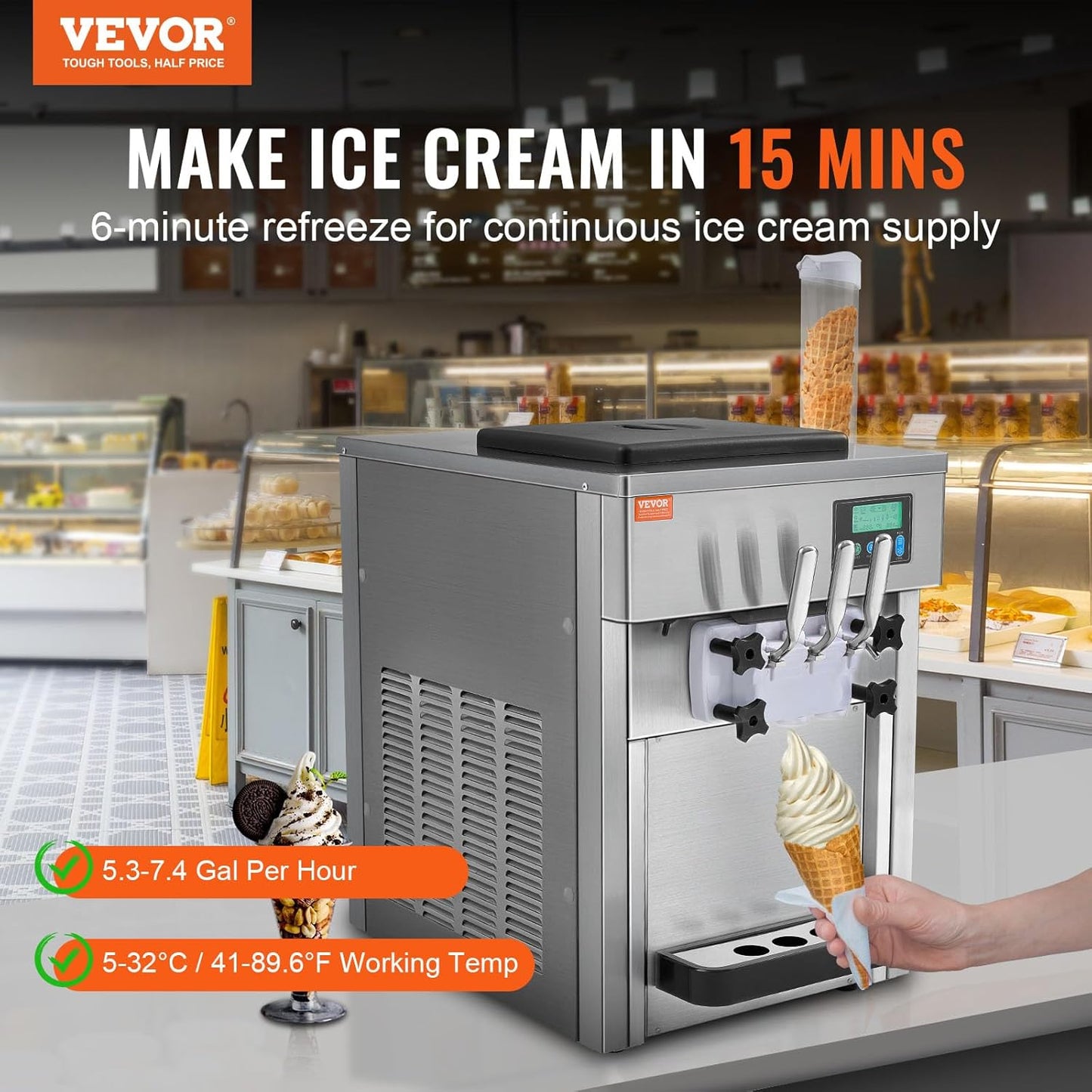 VEVOR Commercial Ice Cream Machine, 21 QT/H Yield, 1800W 3-Flavor Countertop Soft Serve Ice Cream Maker, 2 x 4L Hopper 2 x 1.8L Cylinder, LCD Panel Auto Clean Pre-cooling, for Restaurant Snack Bar