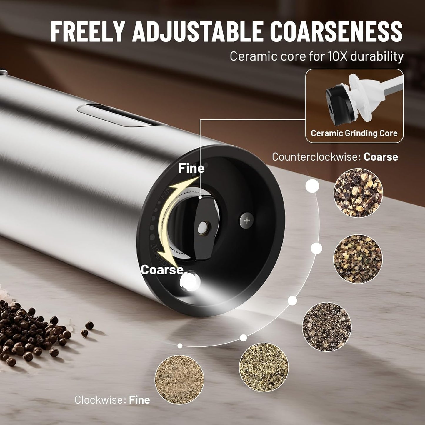 Electric Salt and Pepper Grinder Set Rechargeable Automatic Pepper Grinder Mill Stainless Steel with Base Upgraded Large Capacity, Powered Salt Shakers, LED Light & Adjustable Coarseness,Kitchen Gift