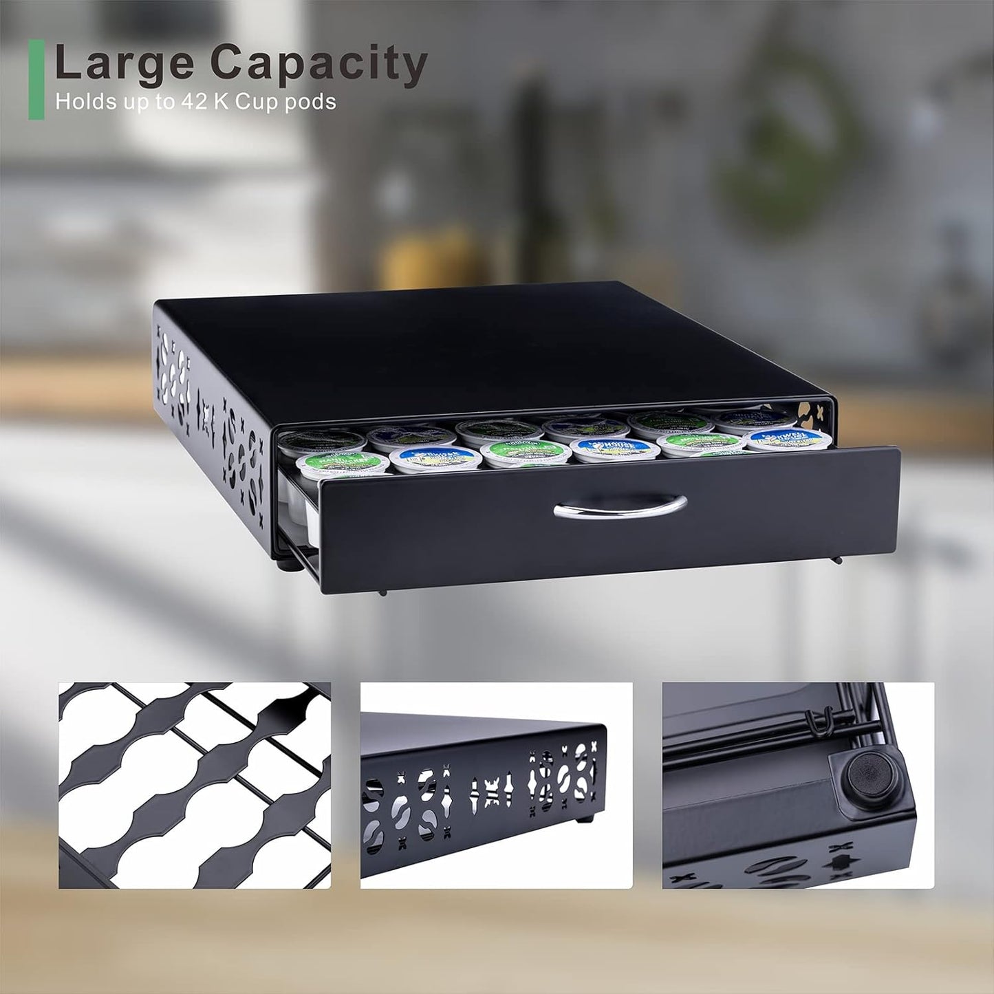 Rice rat K Cup Pod Holde iron Top Drawer,Coffee Pod Holder Capsule Display Storage compatibility 42 k cup (Black)