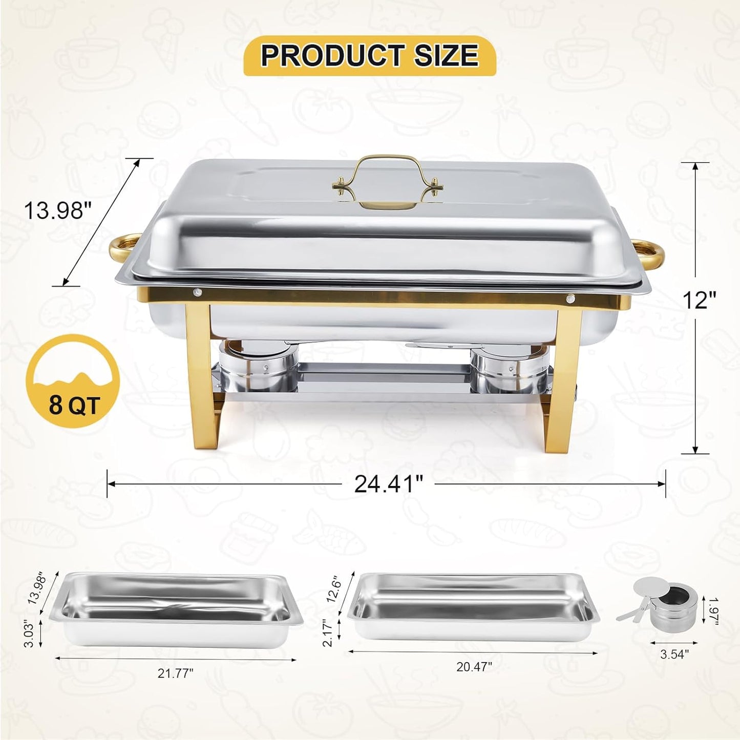 GarveeHome 4 Pack Chafing Dishes for Buffet, 8 Qt Stainless Steel Chafers and Warmers Sets with Lid, Rectangle Serving Food Warmer Catering Supplies Buffet Display for Party, Gold