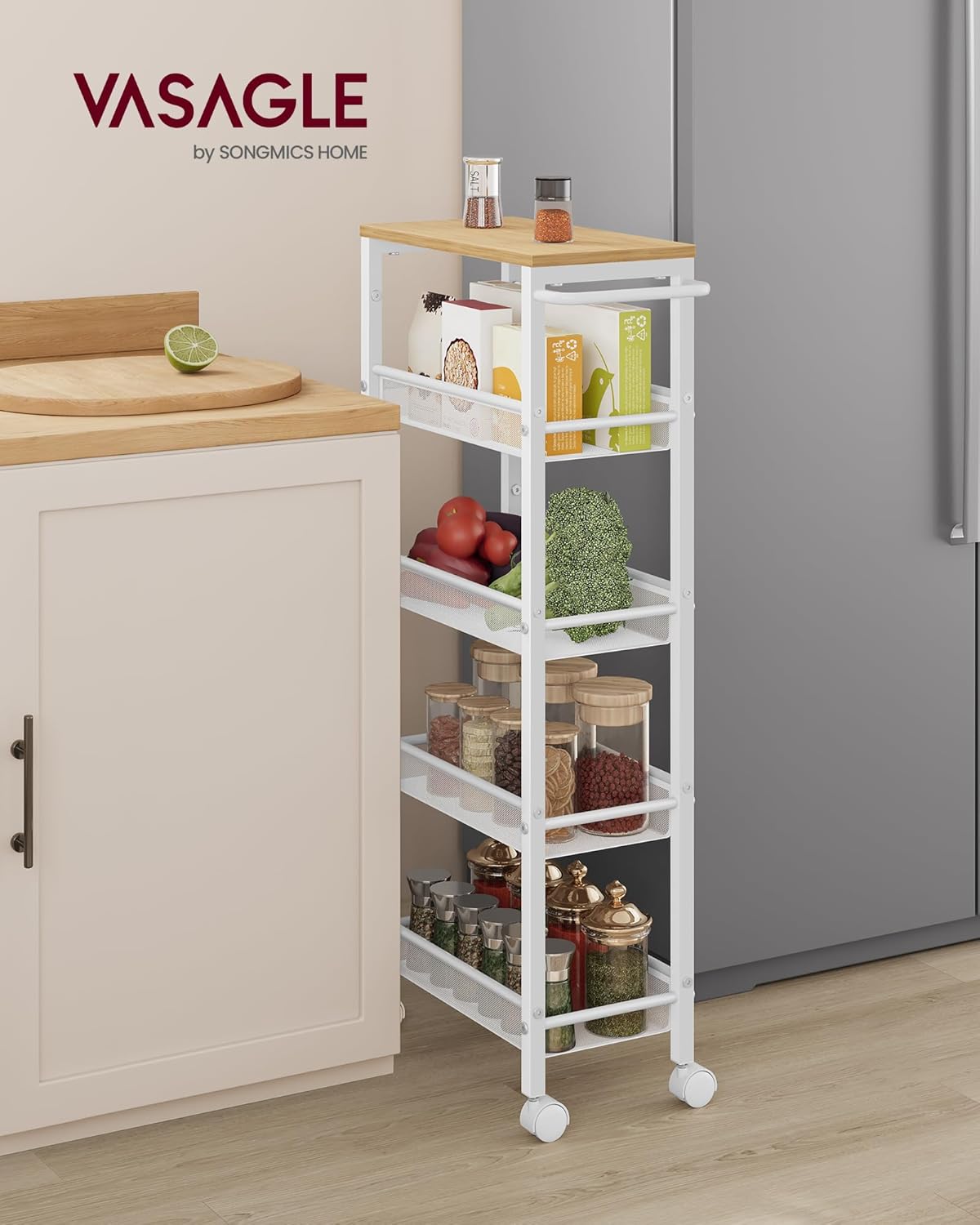 VASAGLE Slim Rolling Cart, 5-Tier Storage Cart, Narrow Cart with Handle, 8.7 Inches Deep, Metal Frame, for Kitchen, Dining Room, Living Room, Home Office, Oak Beige and Classic White ULRC035W09