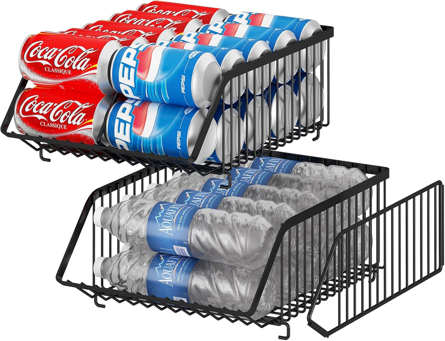 GILLAS 2 Pack Stackable Soda Can Organizer with Dividers for Refrigerator, Can Holder Dispenser Canned Food Organizer, Beverage Storage Basket Rack Drink Organizer for Fridge, Kitchen, Pantry, Black